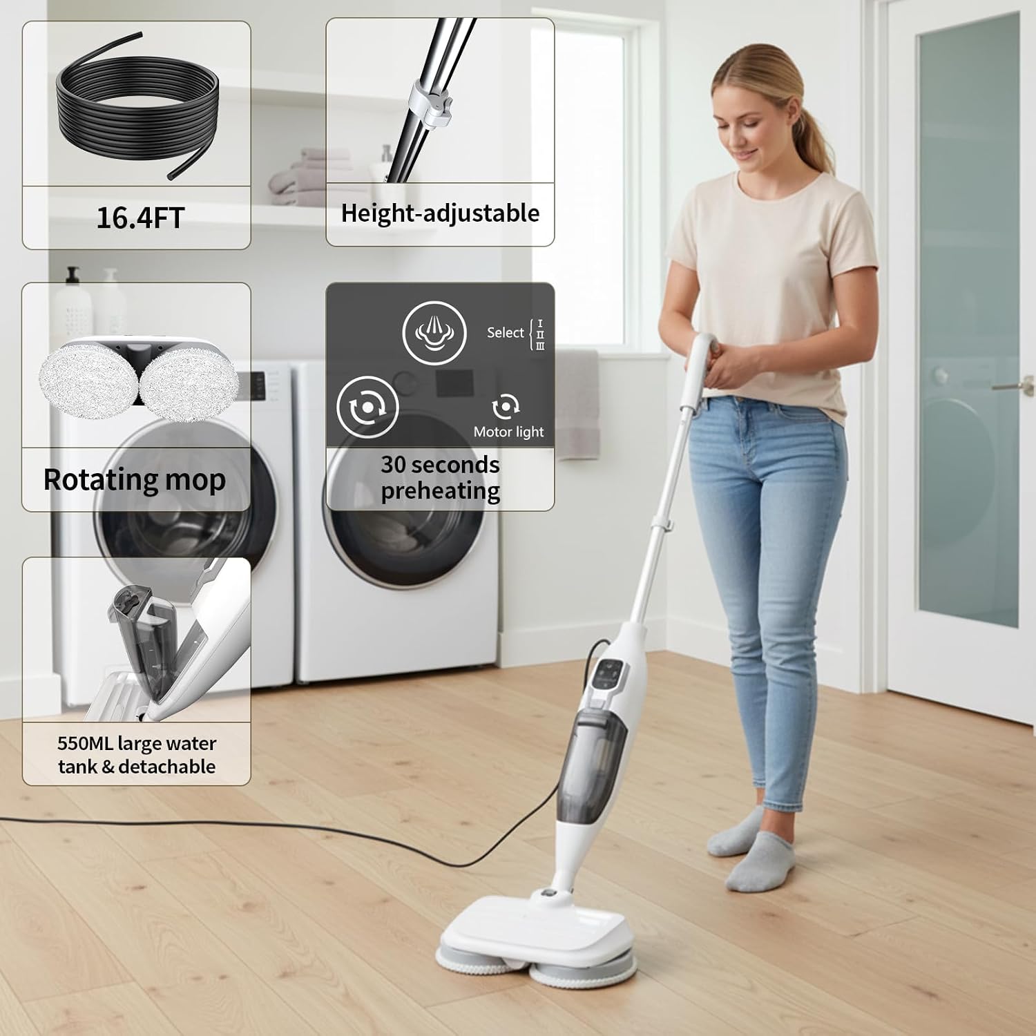 Detalle de PUREBEAR Scrub & Steam Mop, 300°F Steam, 3 Settings, 4 Reusable Pads