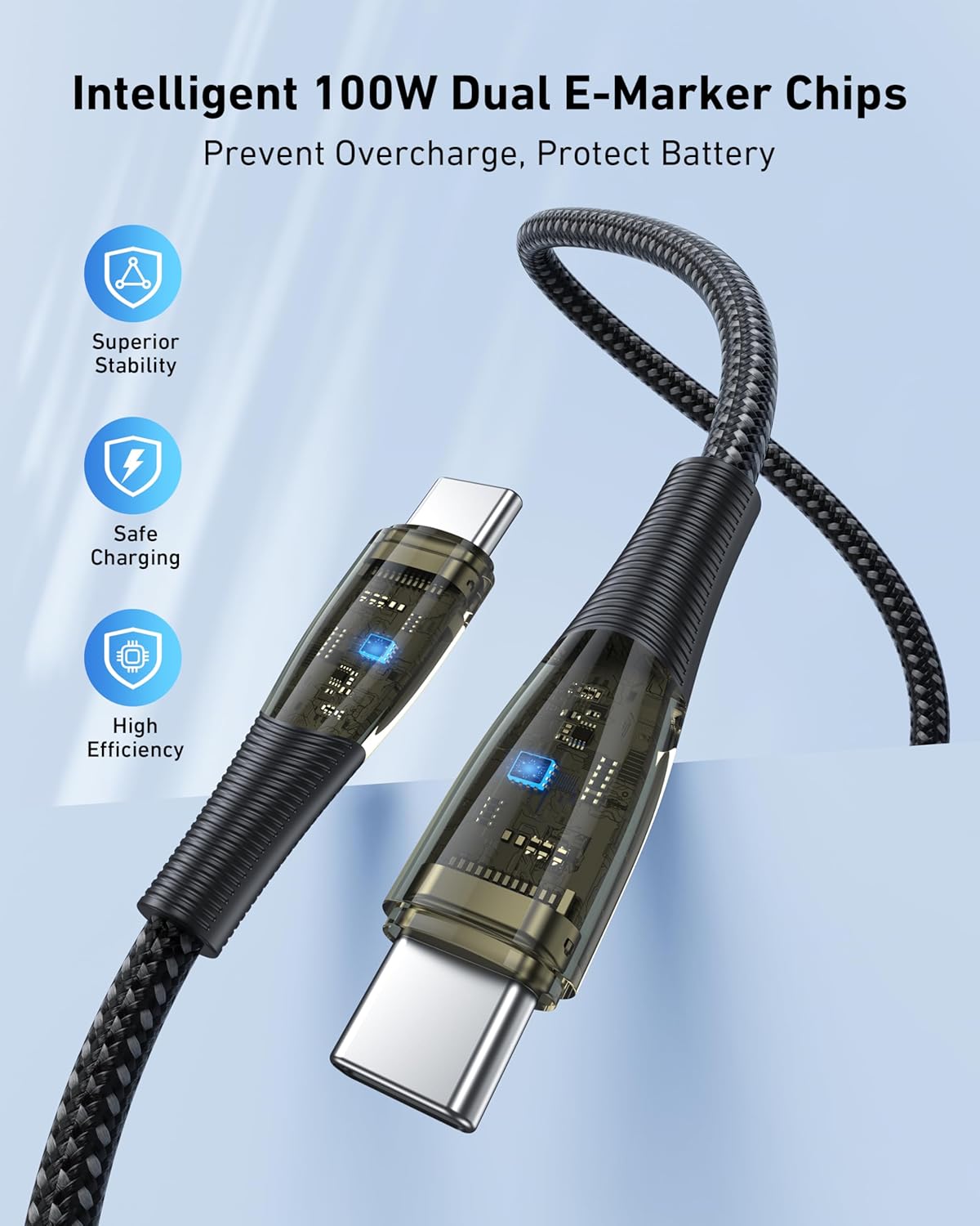 Detalle de BENFEI 100W USB-C auf USB-C Kabel – 3er-Set, 1 m, transparent