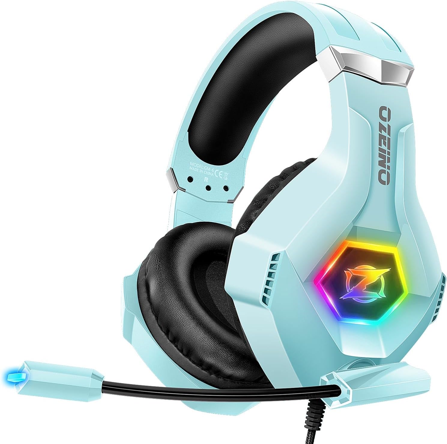 Detalle de Ozeino cuffie gaming con microfono, cancellazione del rumore e 3D surround per PS4, PS5 e PC (blu chiaro)