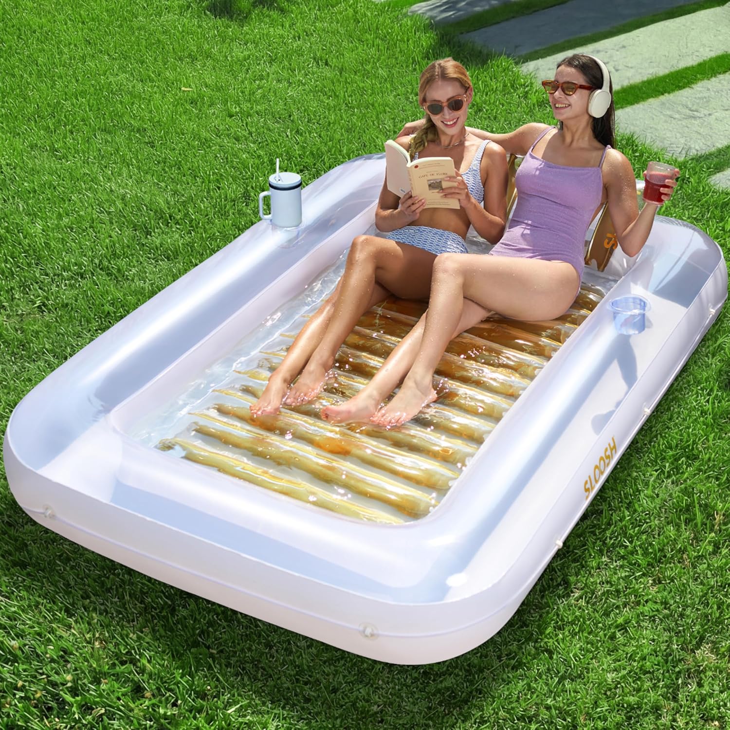 Detalle de SLOOSH Inflatable Adult Tanning Pool Lounger with Pillow – XL 216 x 145 cm (85 x 57 in) in Gold/White