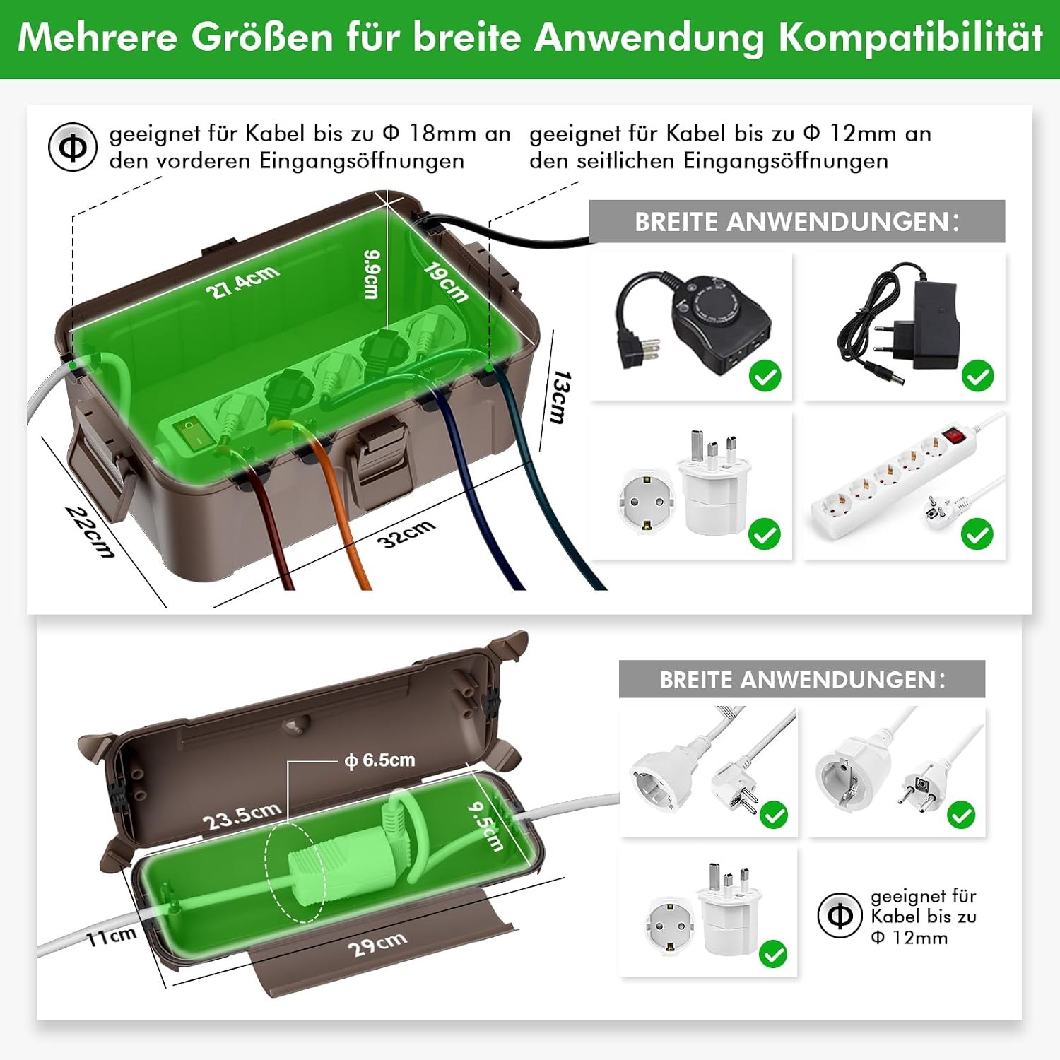 Detalle 2 de RESTMO IP44 wasserdichte Kabelbox für den Außenbereich (Outdoor) – Große, braune Schutzbox für Verlängerungskabel, Schukostecker und Elektrowerkzeug