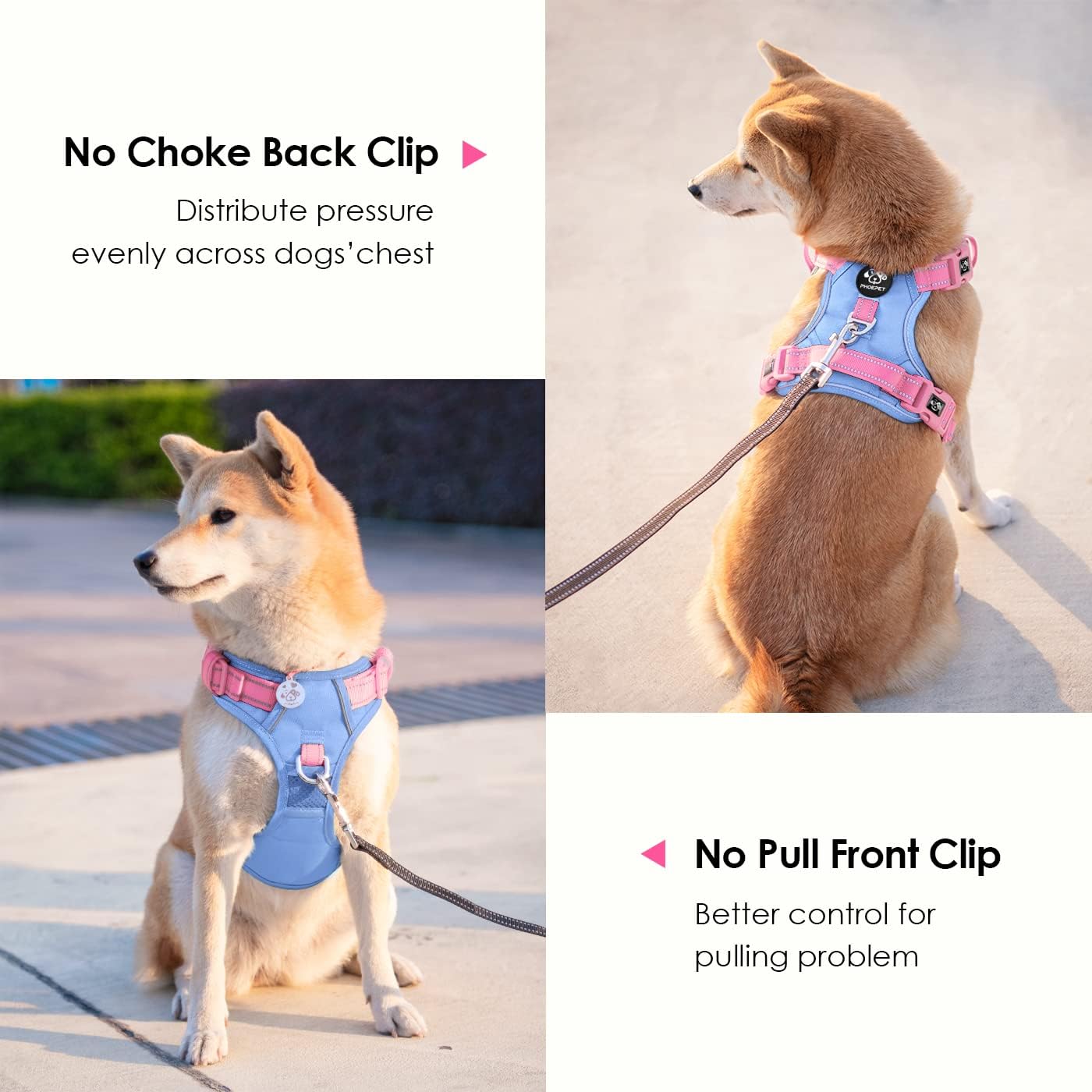 Detalle de PHOEPET No Pull Escape Proof Dog Harness with Front & Back Leashes and Quick-Release Buckles