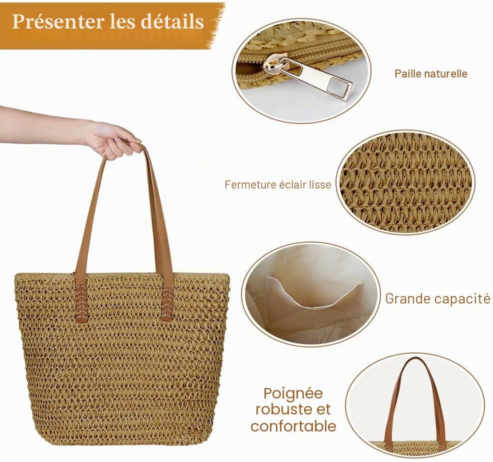 Detalle de Aucuu Sac à bandoulière en paille pour femme – grand sac de plage polyvalent