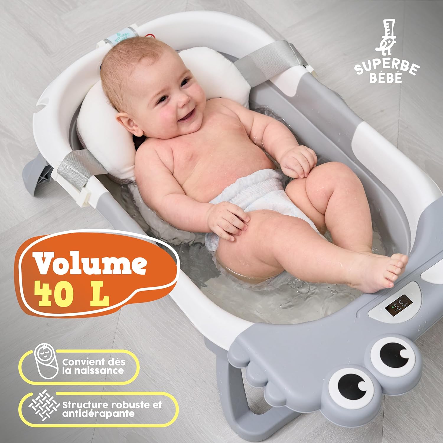 Thumbnail 3 de Baignoire Bébé Pliable XXL avec Coussin de Bain et Thermomètre Intégré – Siège de Bain sur Pieds pour Bébé, Idéale comme Cadeau Naissance