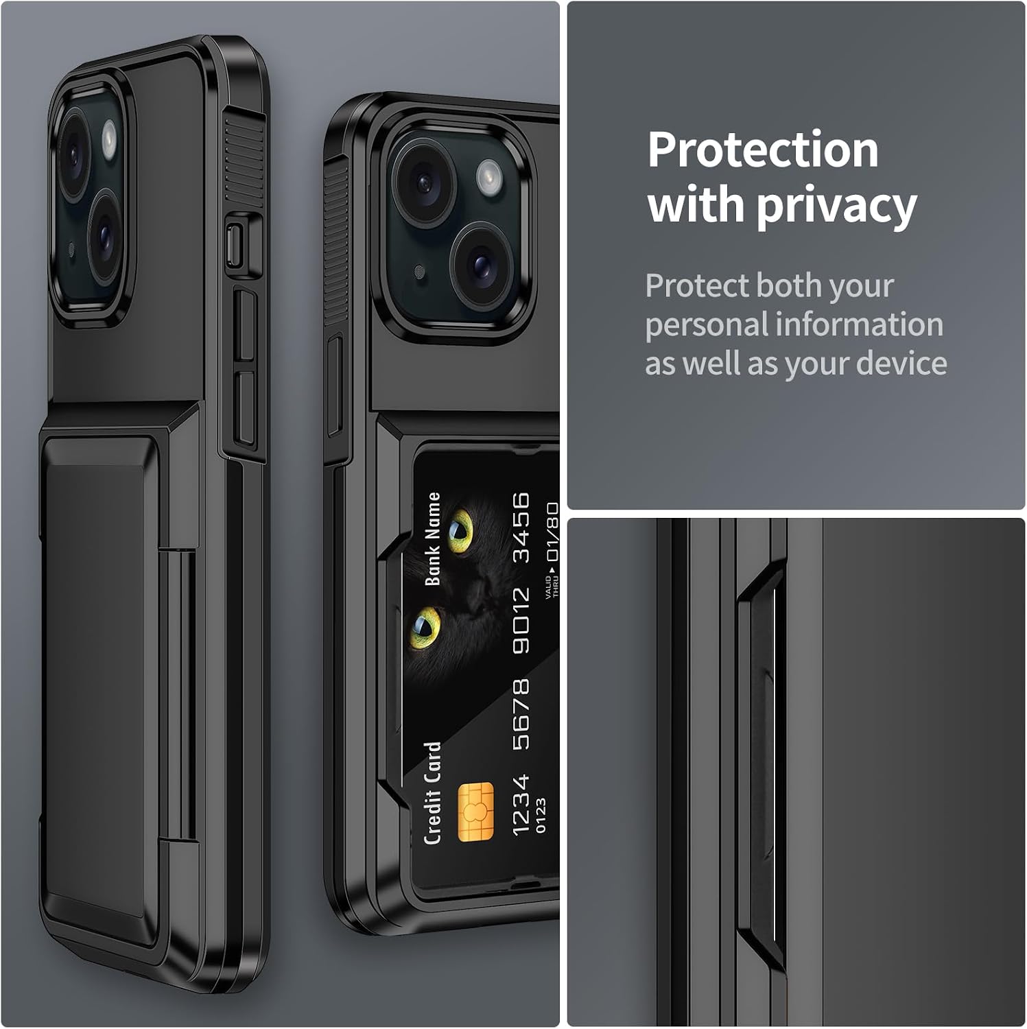 Thumbnail 6 de Aolcev iPhone 15 Case with Card Holder (up to 4 cards) – dual-layer shockproof wallet cover, Black
