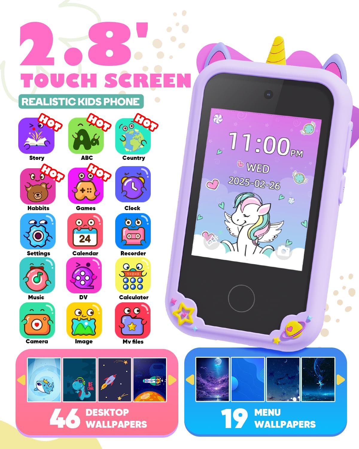 Thumbnail 1 de Kids Phone Toys 2.8" dual-camera touchscreen learning toy (8GB SD card) – purple
