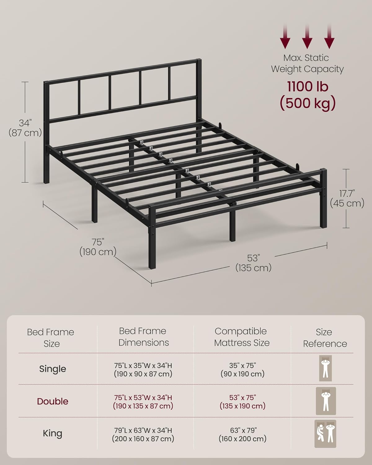 Thumbnail 1 de VASAGLE Double Bed Frame 135 x 190 cm with Slats and Headboard – Ink Black RMB296B101