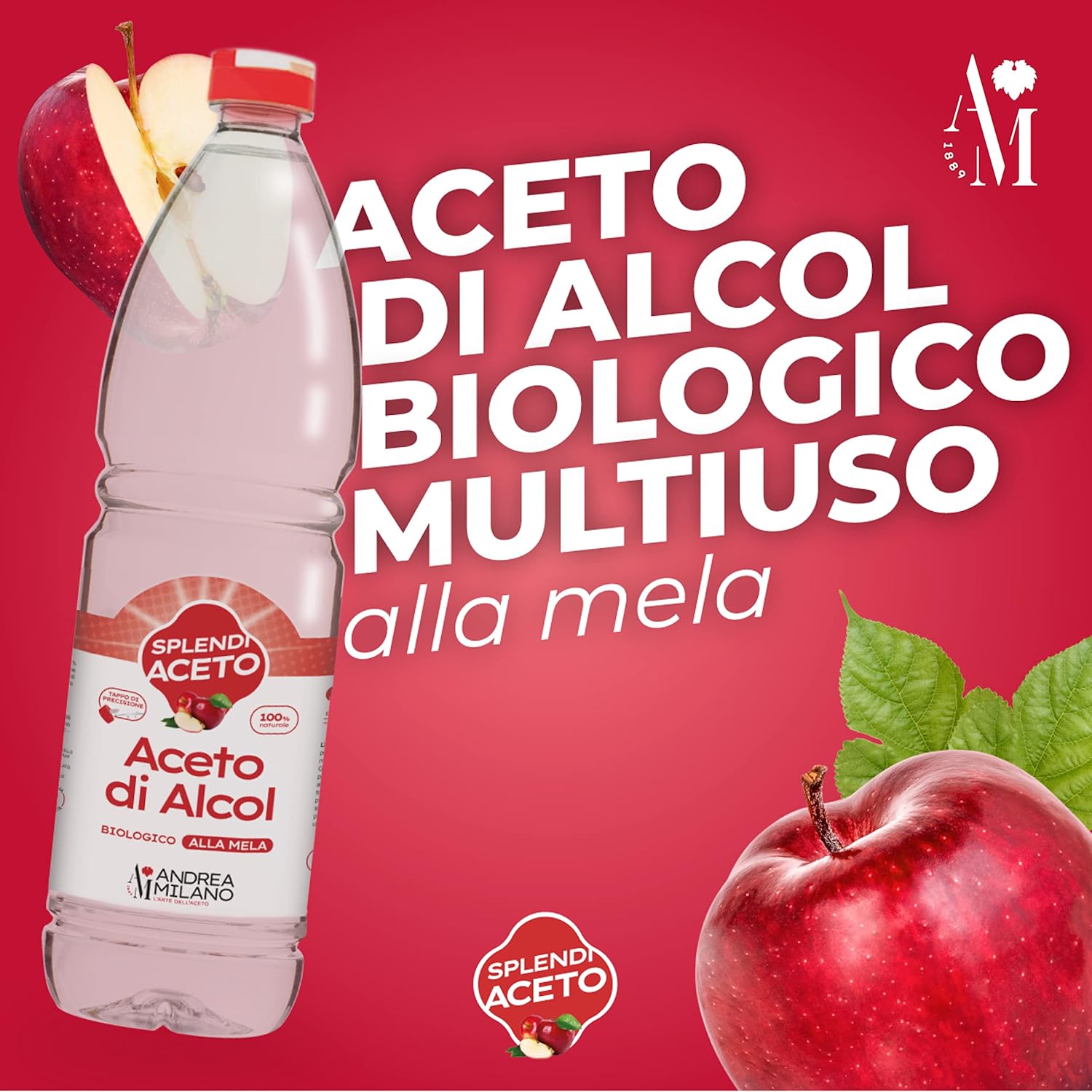 Detalle de Andrea Milano Splendi Aceto: Aceto di Alcool 100% Naturale aromatizzato alla mela, 12 bottiglie da 1 L