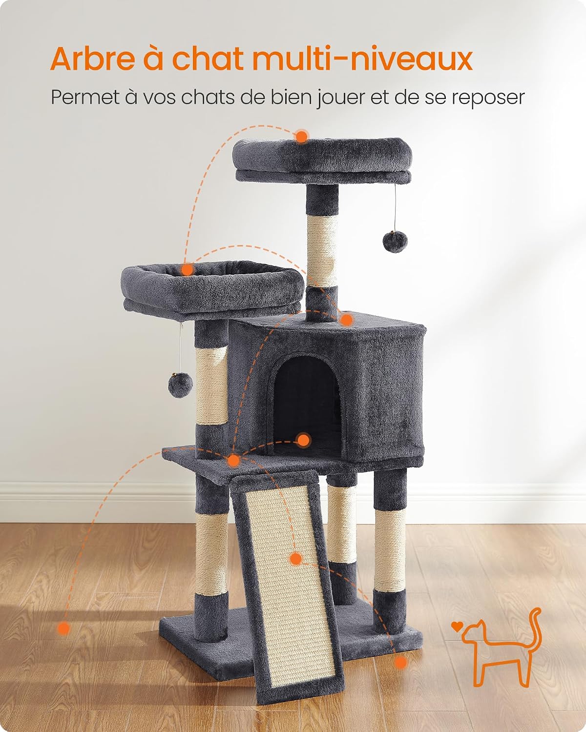 Detalle de FEANDREA Arbre à Chat 115 cm – Tour poteaux à gratter Gris Anthracite PCT141G01