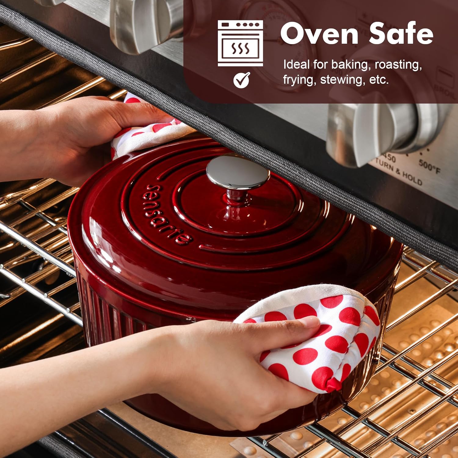 Detalle 2 de SENSARTE Enameled Cast Iron Dutch Oven (5.5 Quart) Red with Lid, Dual Handles, Trivet & Cotton Potholders