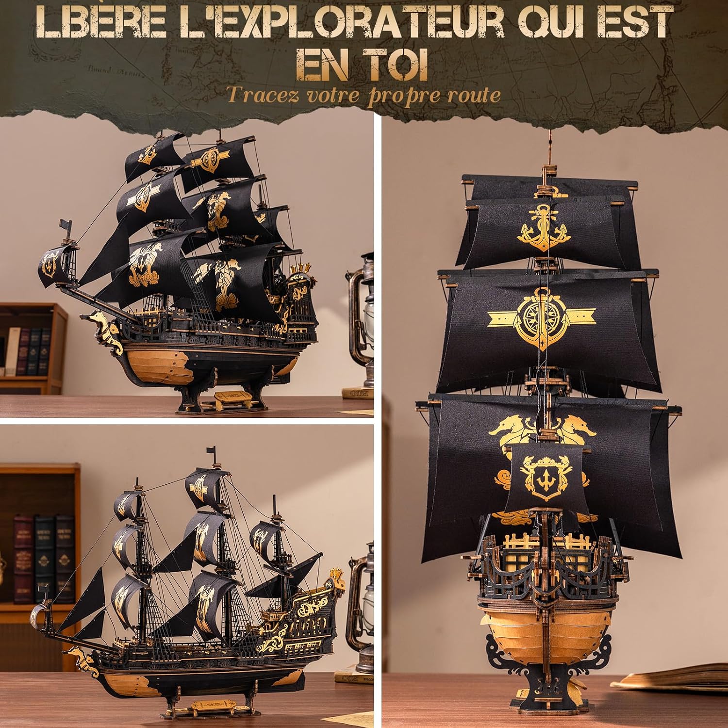 Detalle de ROKR Puzzle 3D en bois MCB02 Barque Hippocampe (603 pièces) – maquette de bateau à construire