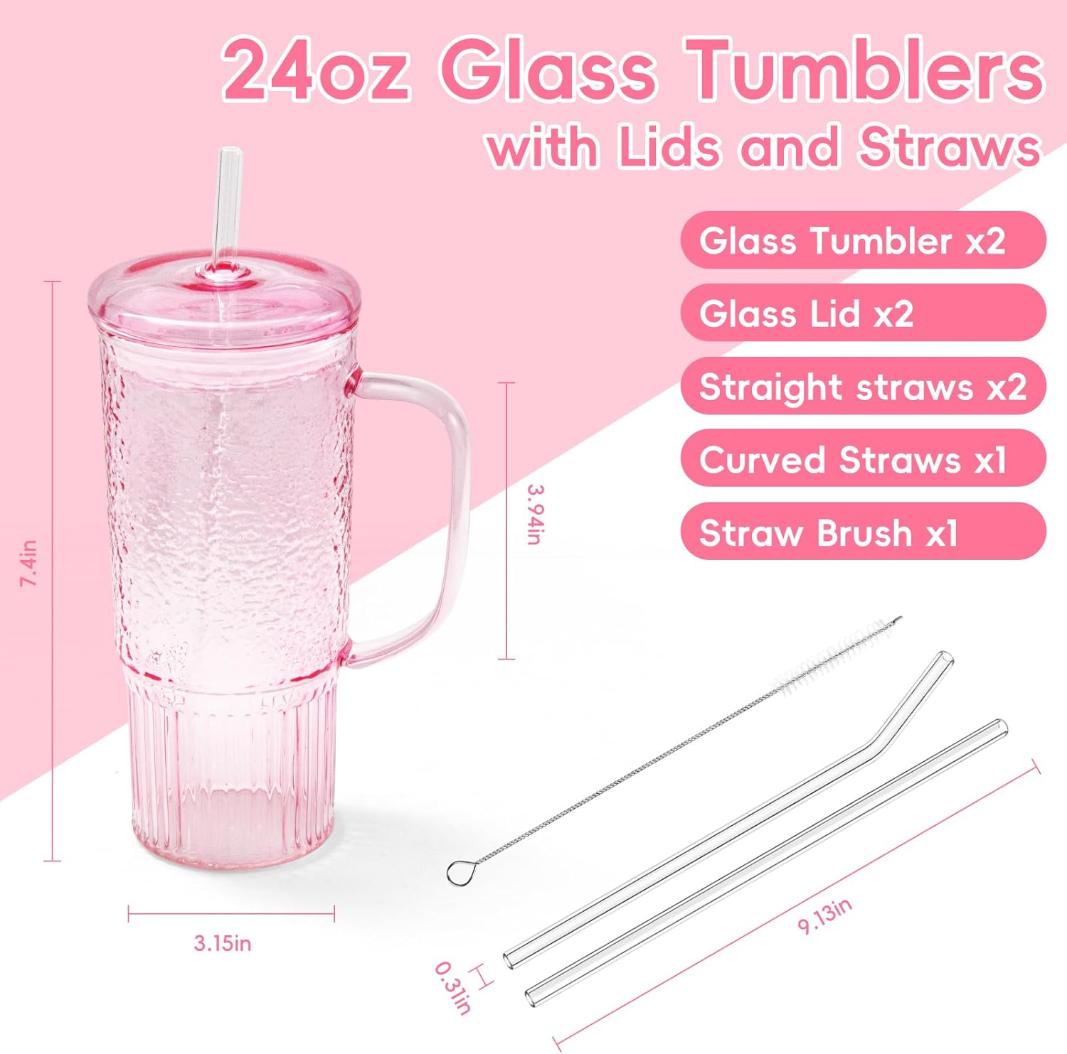 Detalle de GOSCHE 24oz Glass Cups with Lids and Straws (2 Pack) – Borosilicate Glass Tumbler with Handle