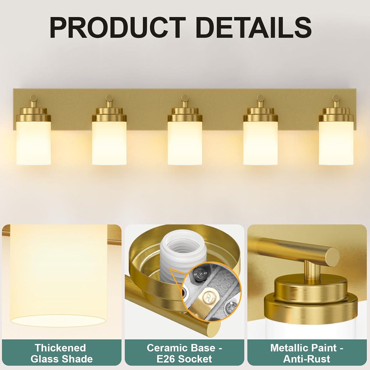 Thumbnail 2 de IZORRO HL101-5T-GD-WT 5-Light Bathroom Vanity Light, Brushed Gold