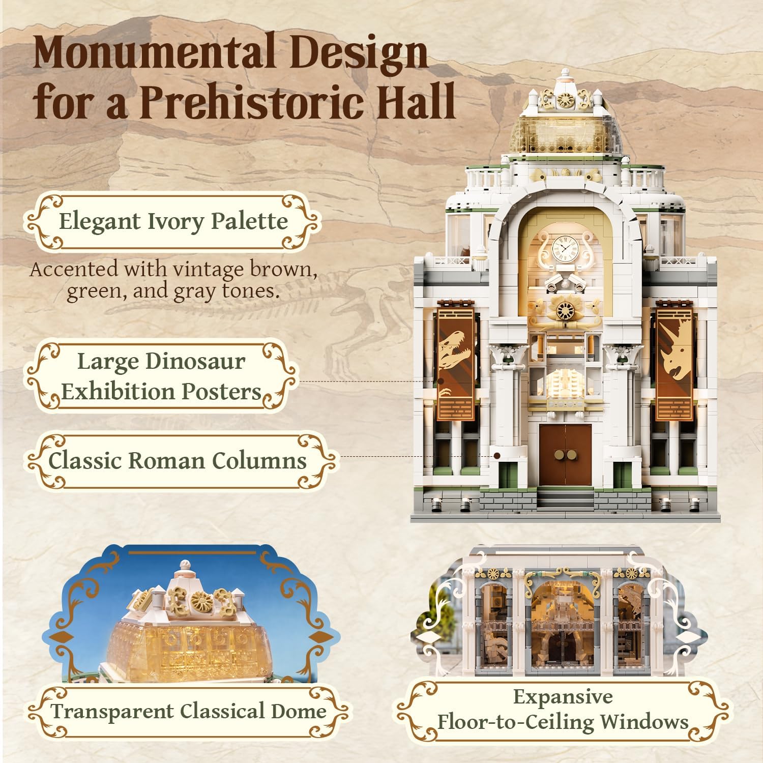 Detalle de PANTASY Dinosaurier Museum Klemmbaustein-Set – Barockes Architekturmodell mit erweiterbaren Ausstellungsräumen
