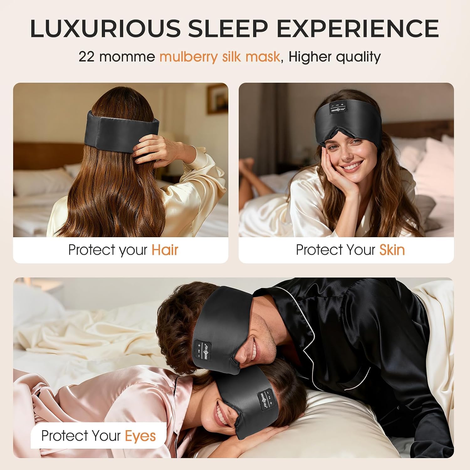 Detalle de MUSICOZY Silk Sleep Mask Headphones: 100% Mulberry Silk Bluetooth Sleep Mask with 3D Eye Design