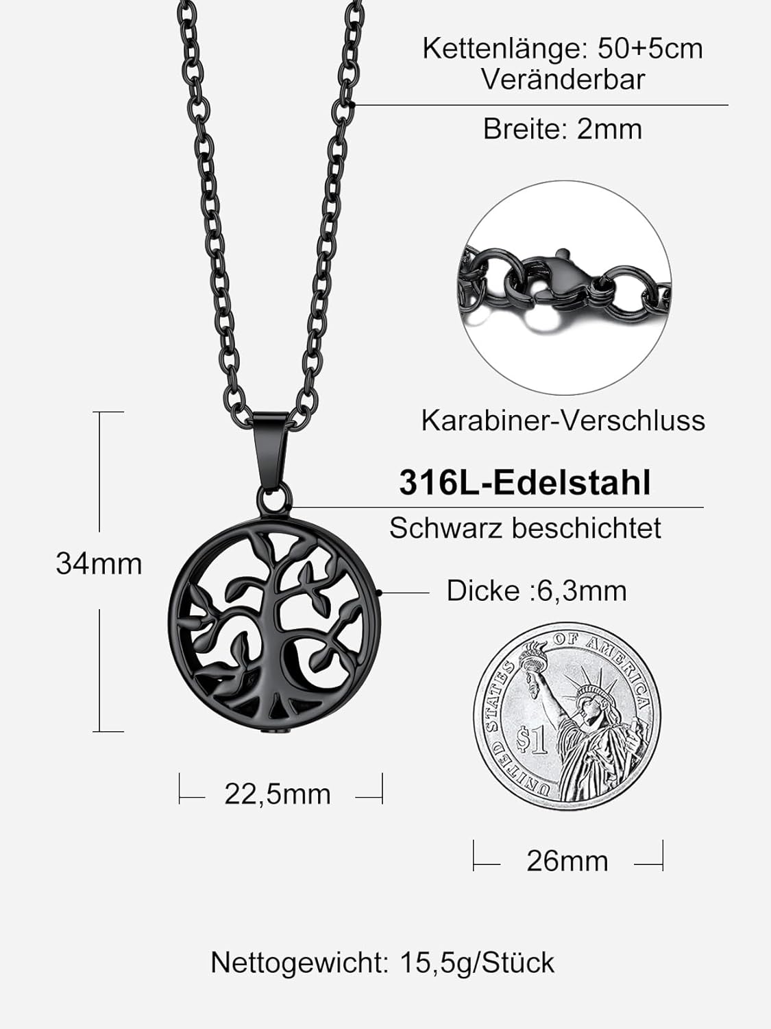 Thumbnail 3 de Richsteel Halskette mit Urne personalisierbar (Baum des Lebens) aus Edelstahl, 46 + 5 cm