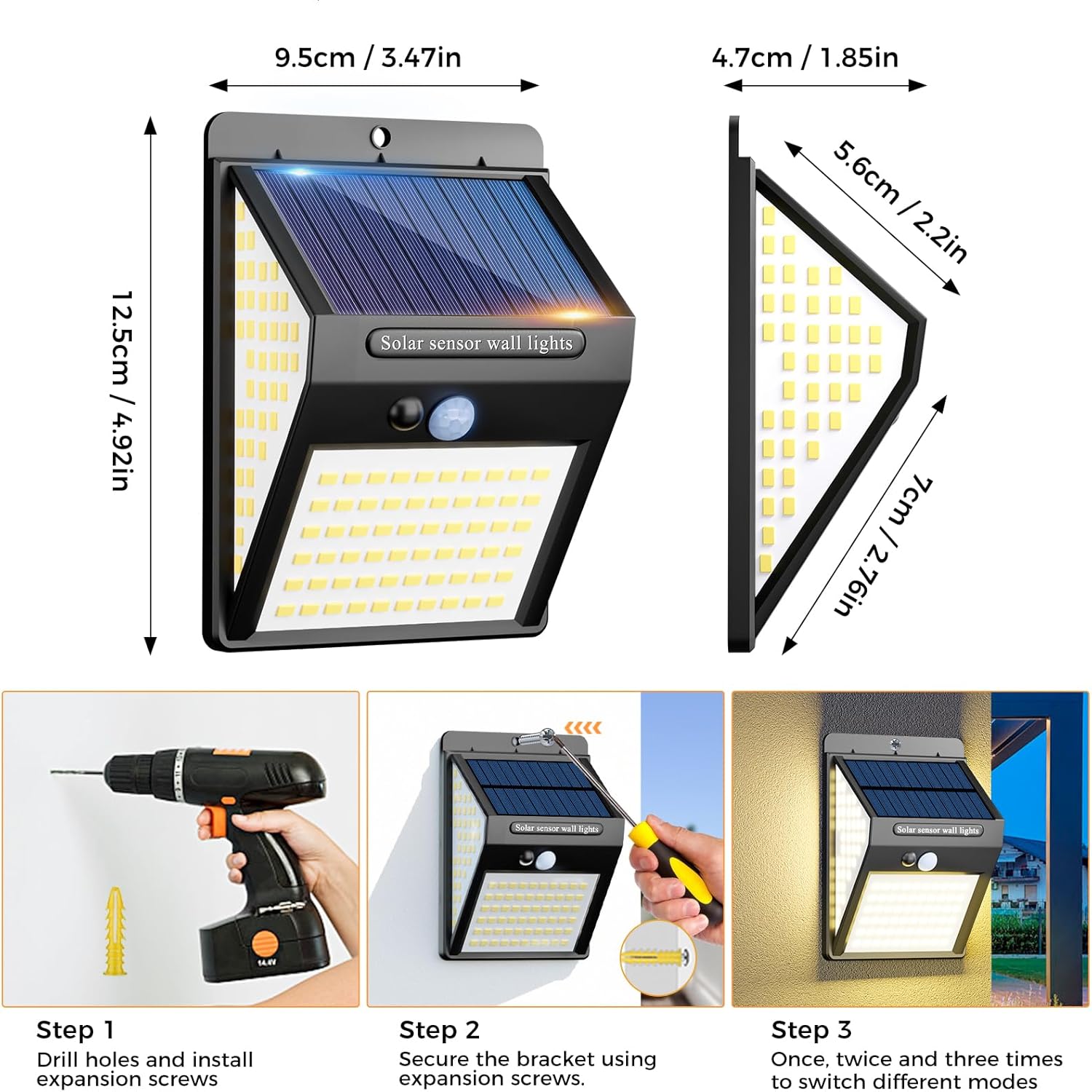 Thumbnail 4 de 1 Pack 140LED Solar Security Lights Outdoor with Motion Sensor – 270° Wide Angle, Waterproof, Warm White