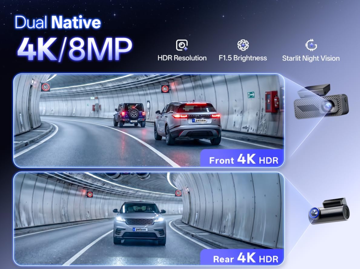 Thumbnail 1 de pelsee S1 Pro Native 4K Front and Rear Dash Cam with GPS and 128GB Card