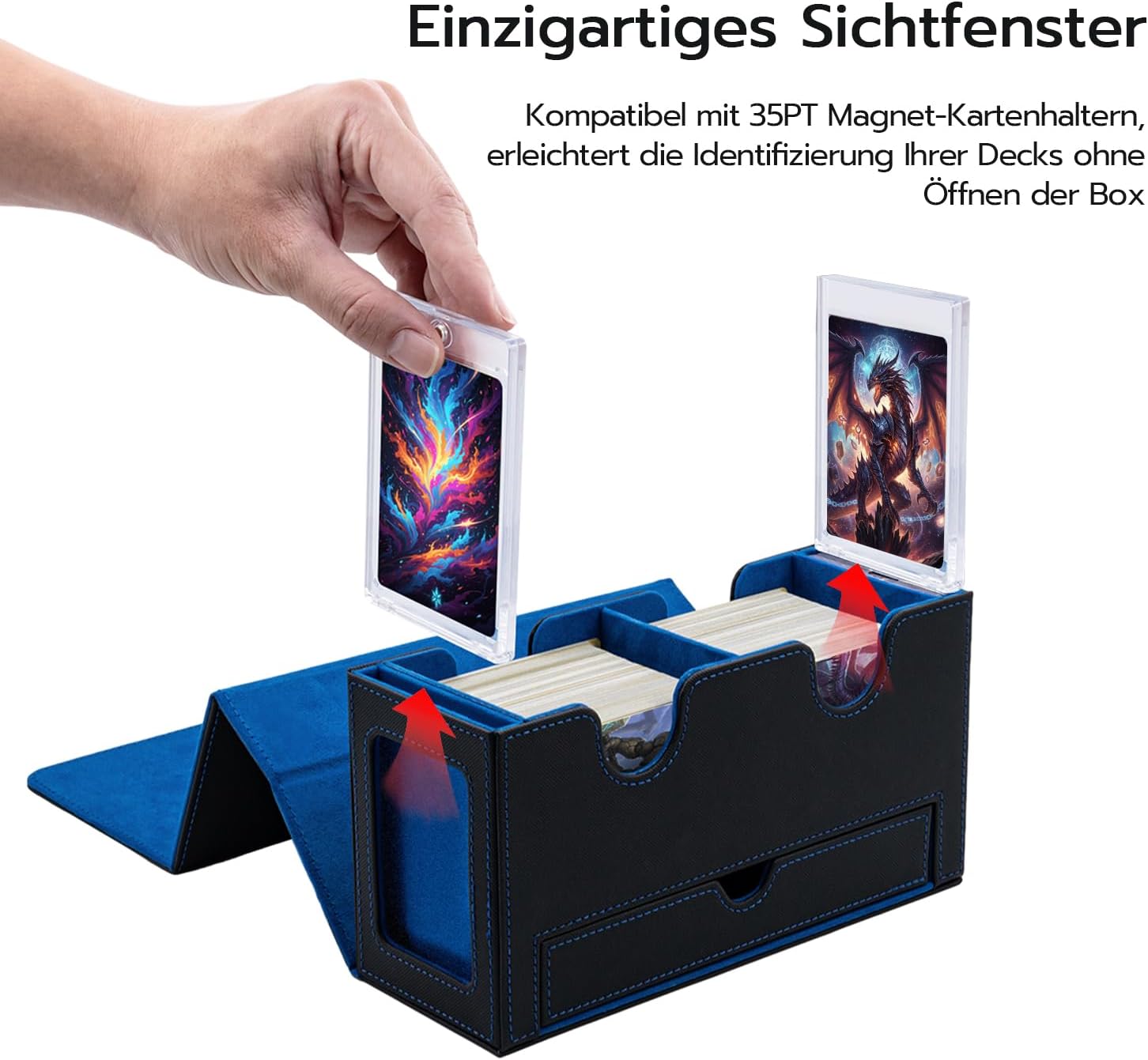 Detalle 2 de Tolesum Doppelschicht Card Deck Box für MTG & Commander – Sammelkartenbox mit Schaufenster und Würfelfach, magnetisch (schwarz/blau)
