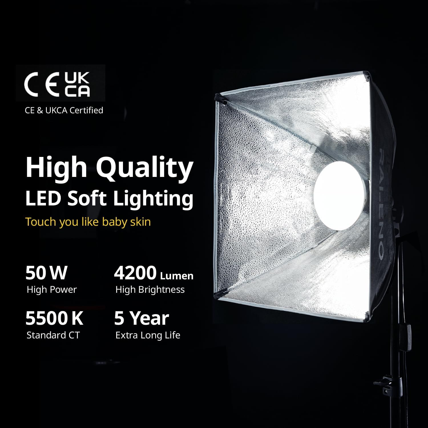 Detalle de Raleno Softbox Studio Photo Kit - Éclairage 50W LED 5500K avec Trépied Réglable 41,9–152,4 cm
