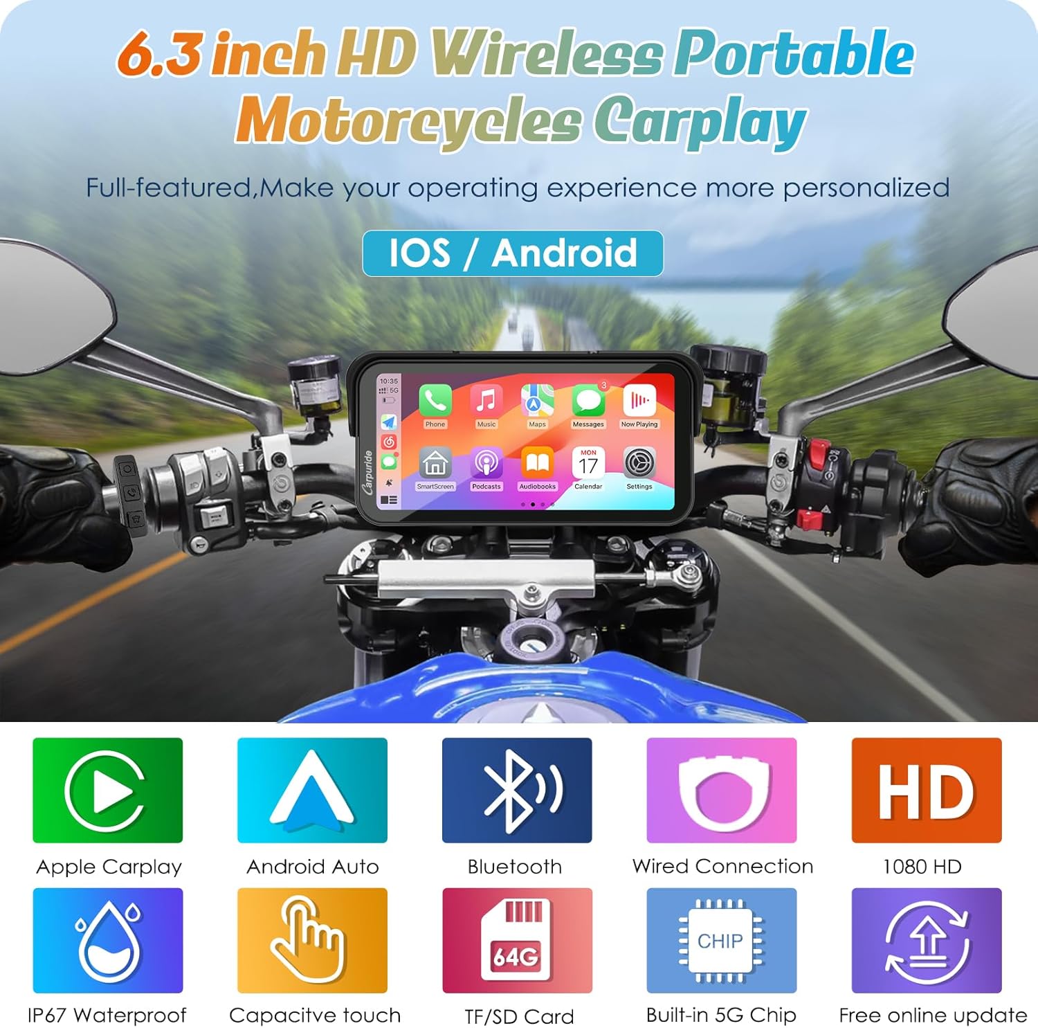 Thumbnail 1 de Carpuride W603 6.3" Waterproof Motorcycle CarPlay Screen (Wireless CarPlay & Android Auto, BT Audio, GPS, voice control)