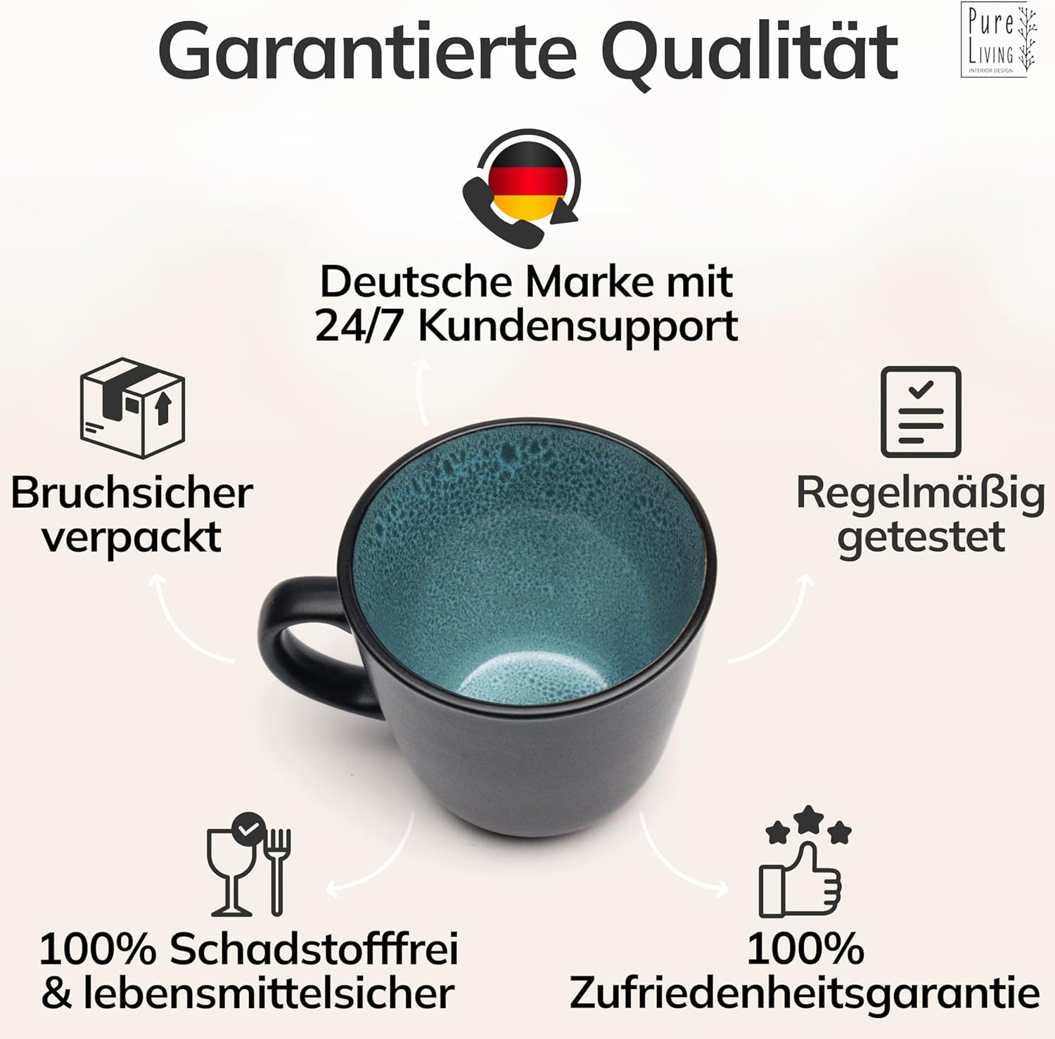 Detalle de Steingut Kaffeetassen Ibiza 6er Set – Petrol & Matt Schwarz, TESTSIEGER, Pure Living