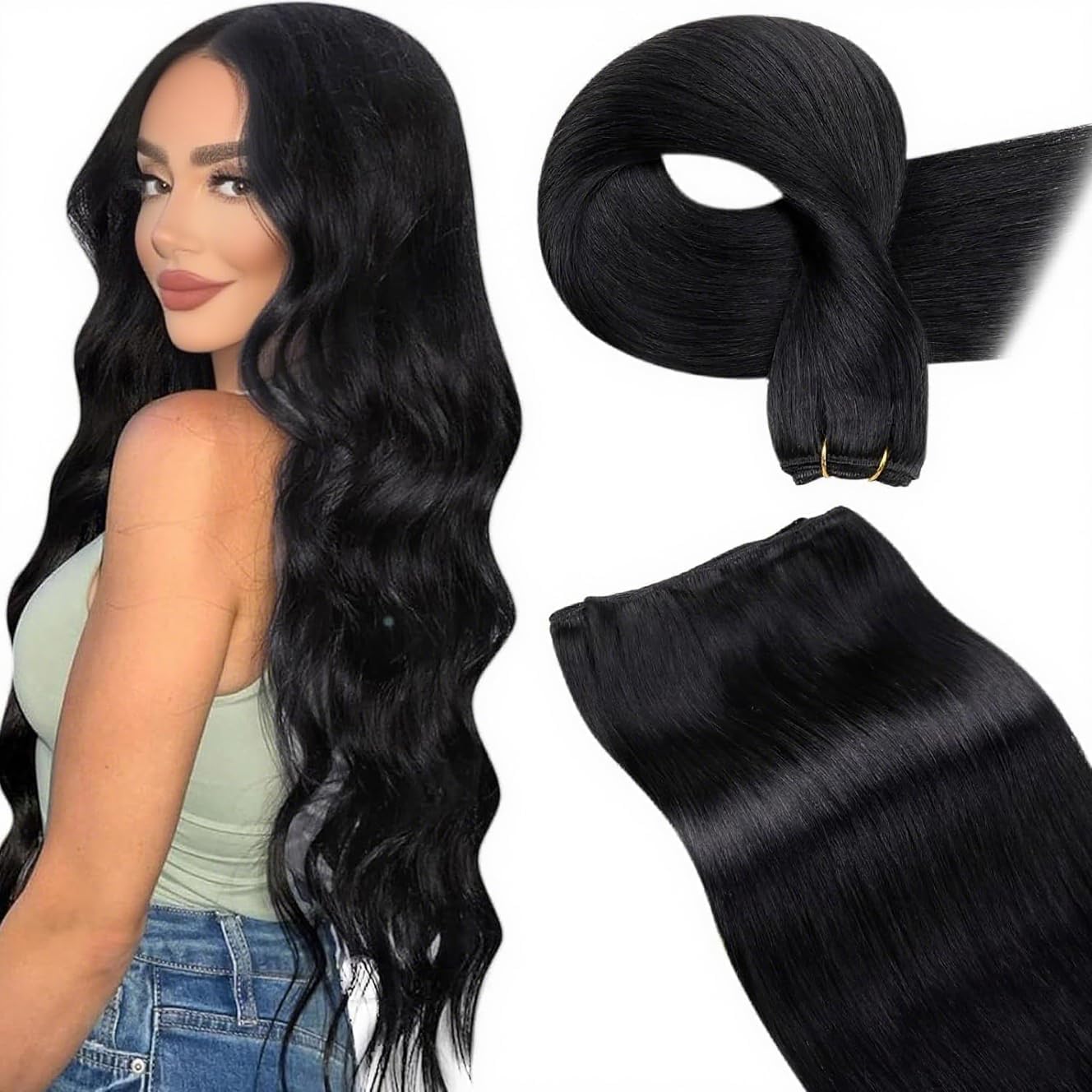 Detalle de LaaVoo Extension Capelli Veri in Tessitura Tessitura Nero Jet 60 cm 120 g (matassa Remy, Weft)