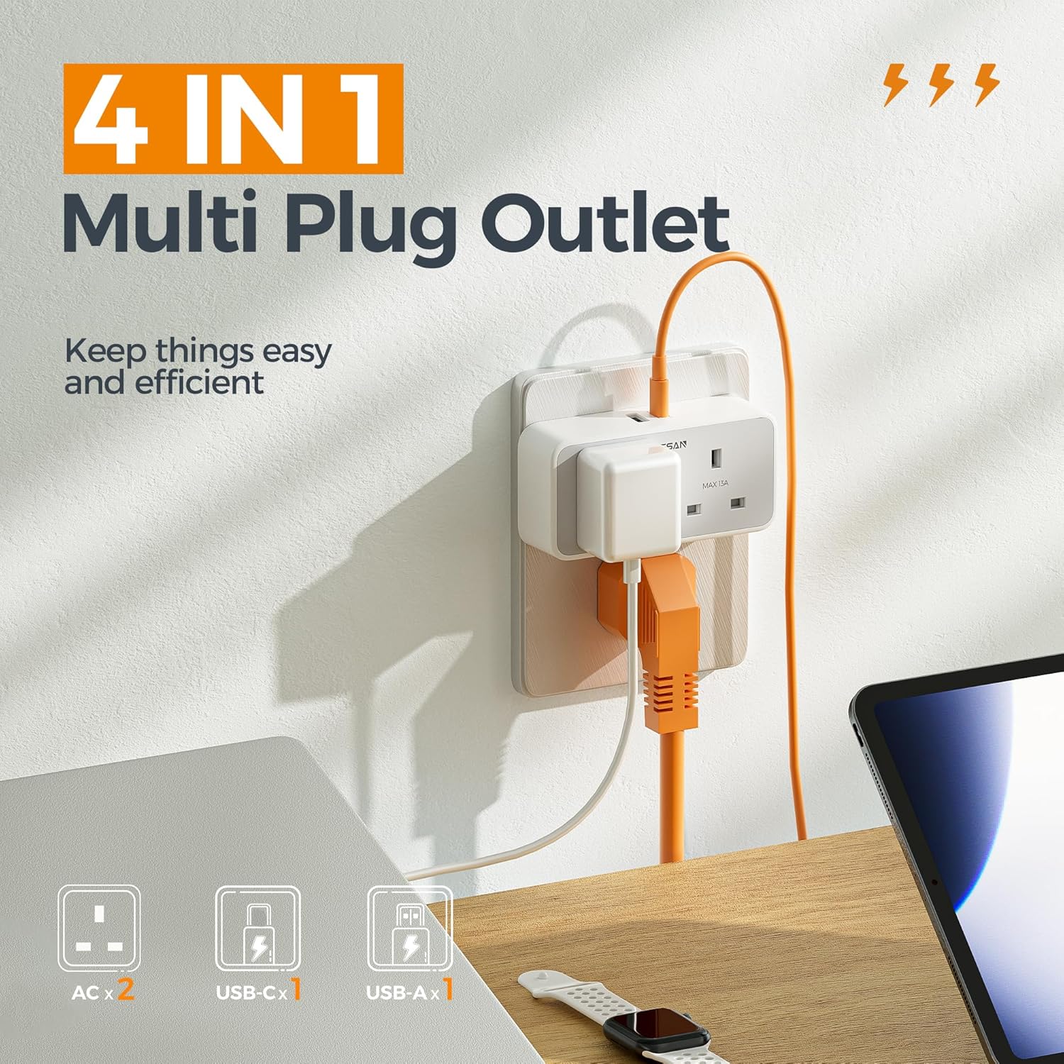 Thumbnail 1 de TESSAN Double Plug Adapter UK with 2 USB, 13A 🔌