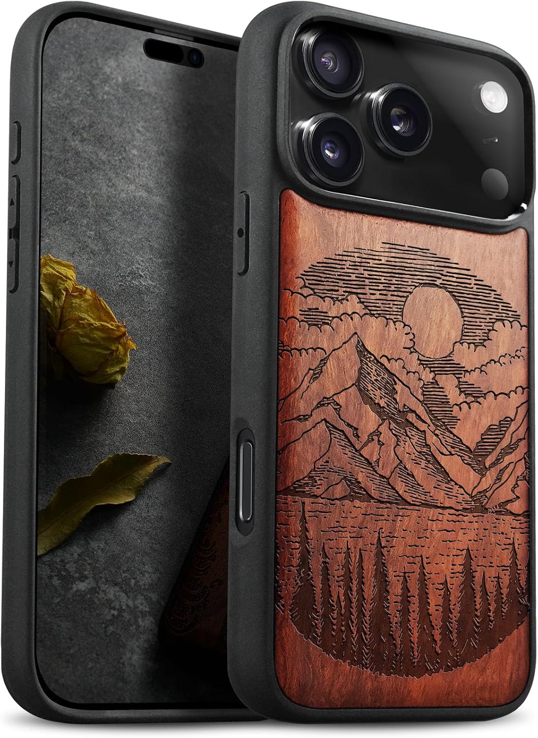 Detalle de Carveit Wood Case for iPhone 17 Pro Max, Alpine Lakes Engraved Design