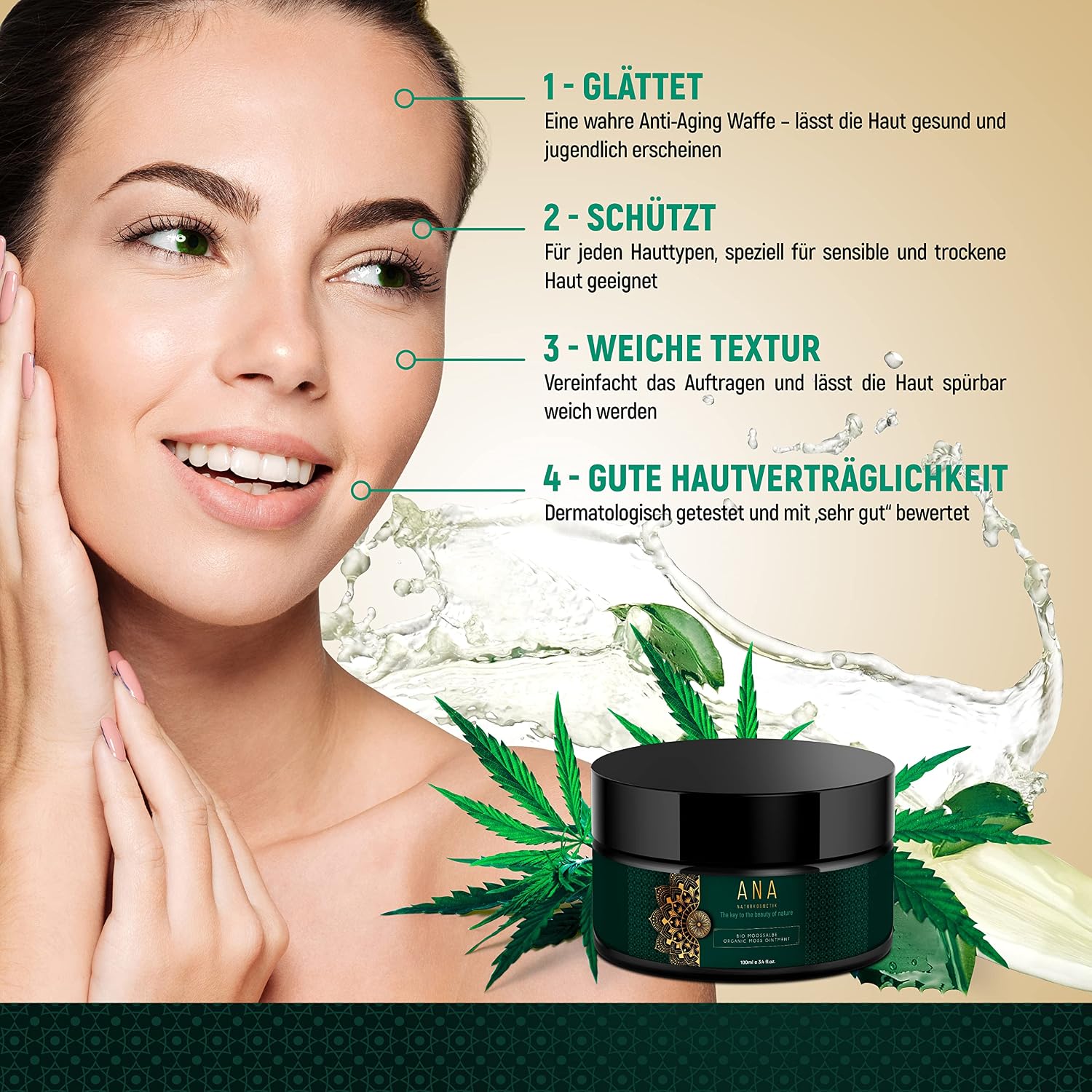 Detalle 2 de ANA Naturkosmetik BIO Moossalbe mit Aloe Vera, Hyaluronsäure & Q10 (5% Isländisch Moos) – Anti-Aging Pflege für Gesicht, Tages- und Nachtcreme, 100 ml
