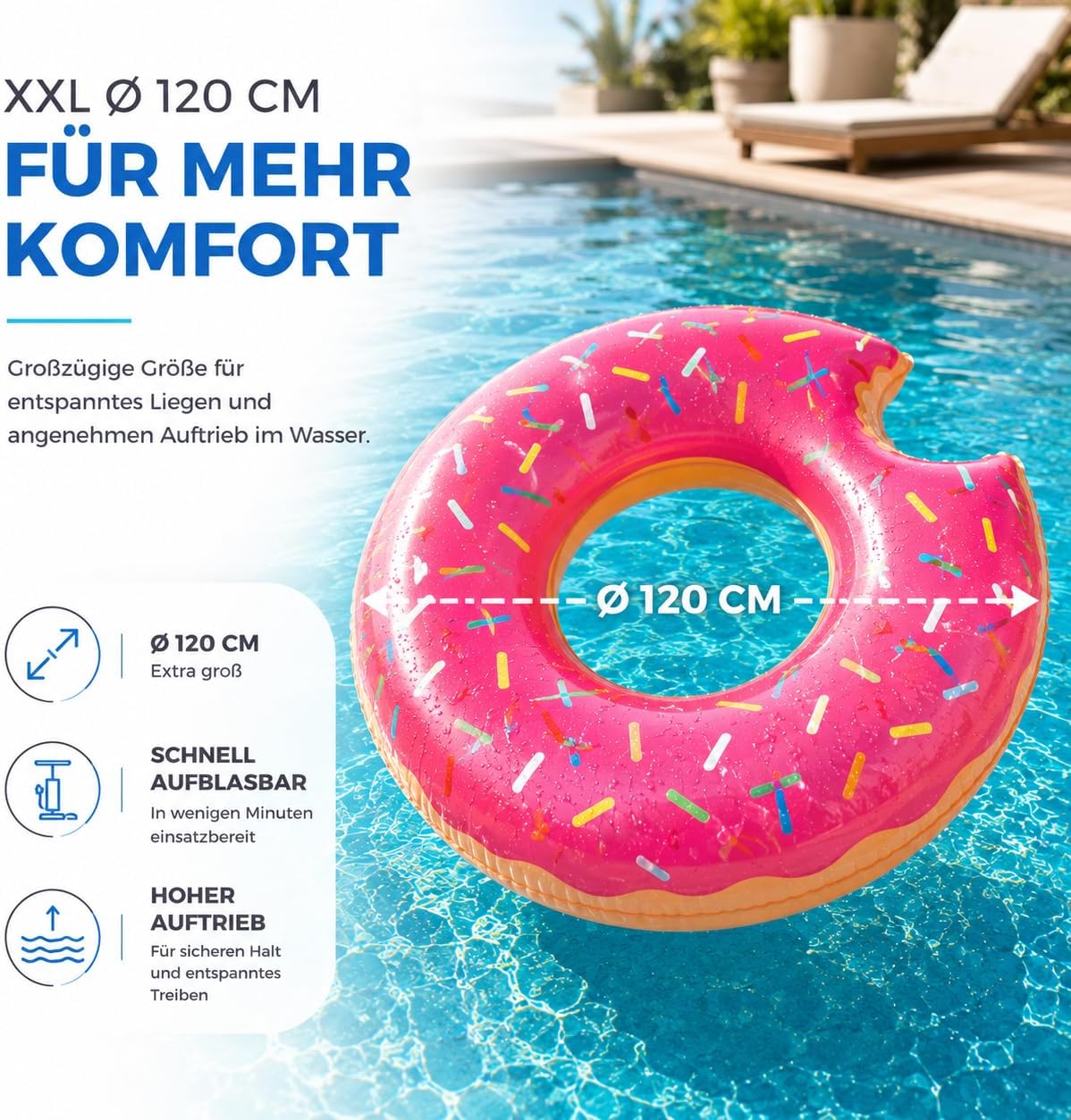 Detalle 2 de Aufblasbarer Schwimmring – XXL Donut 120 cm Durchmesser, Biss-Design, für Erwachsene & Kinder (Farbauswahl)