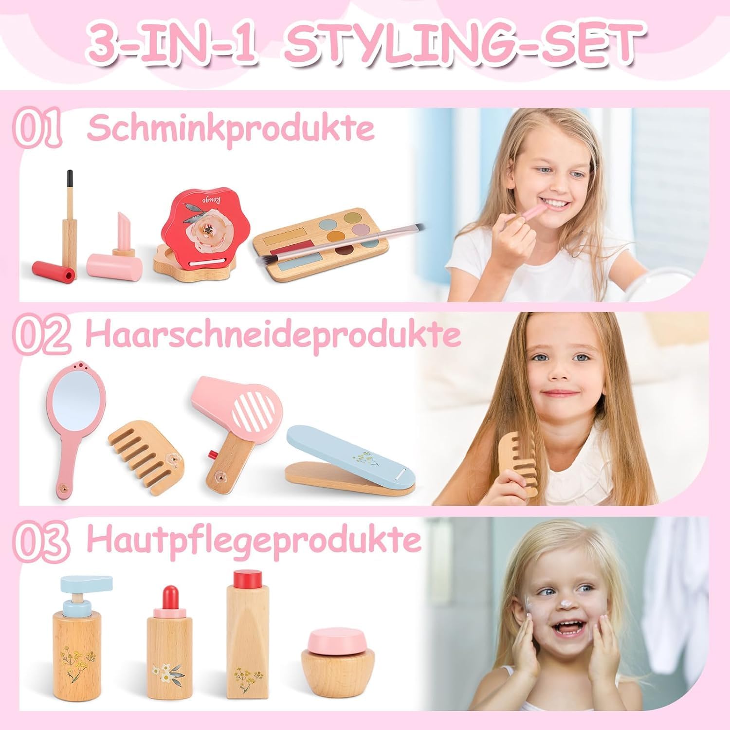 Thumbnail 3 de Herefun Set Trucchi Bambina in Legno Finti, 25 Pezzi: trucco, parrucchiere e cura della pelle in un unico kit educativo