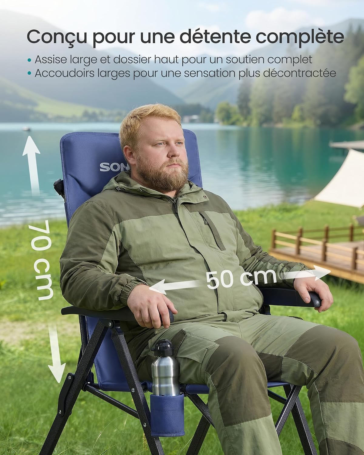 Detalle de SONGMICS Chaise de camping pliable bleue GCB015QZ01 avec dossier inclinable 95°–150°