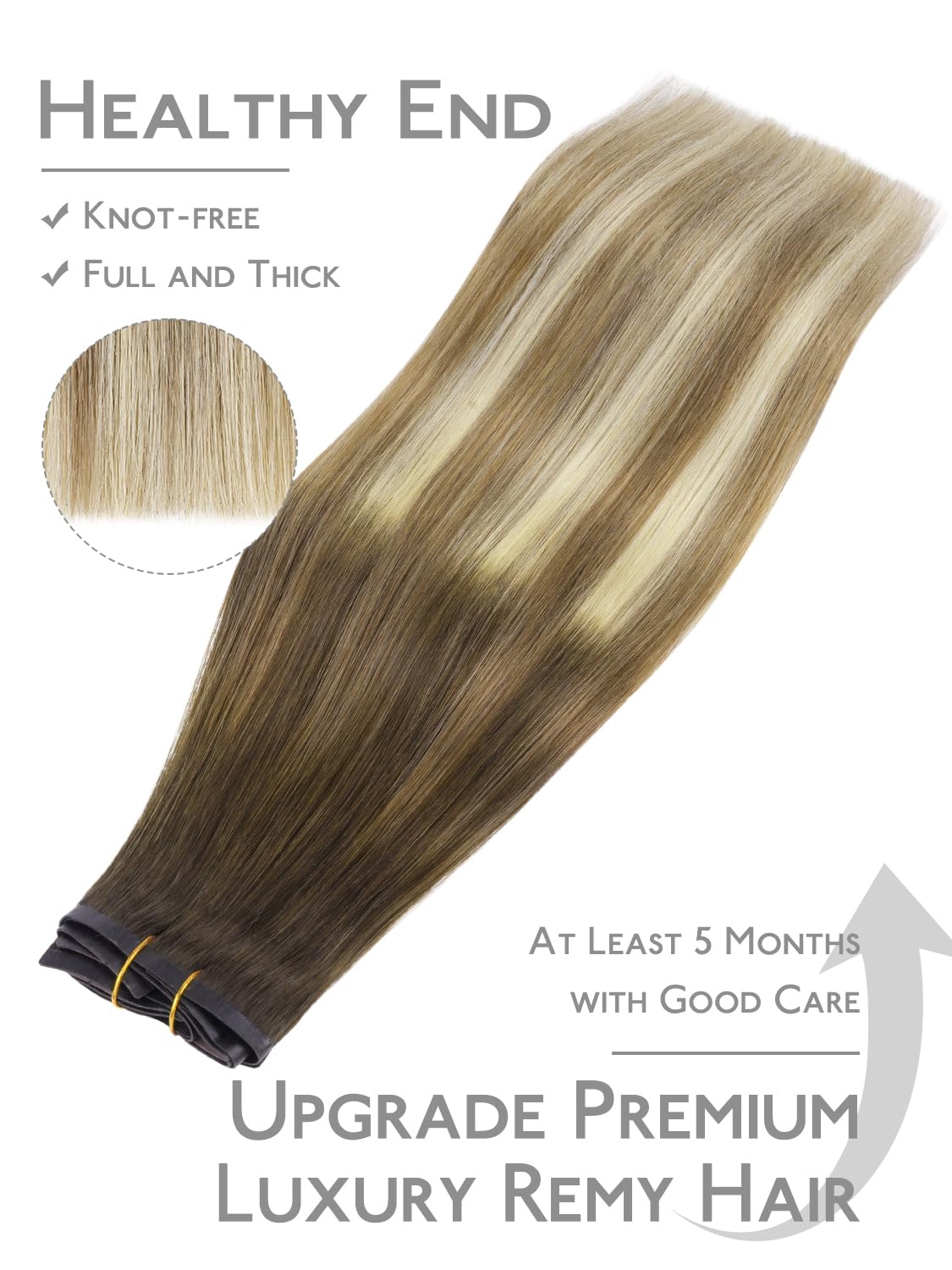 Detalle de WENNALIFE Real Human Hair Clip-In Extensions, 20 inches, Ombre Walnut Brown to Ash Brown & Bleach Blonde, Seamless PU Weft
