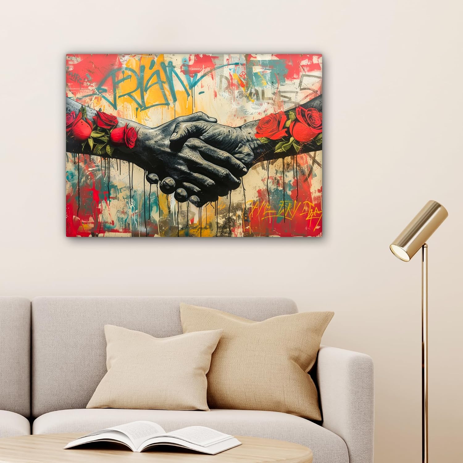 Detalle de MuchoWow© Impression sur toile 80x60 cm décoration murale Roses, mains & street art