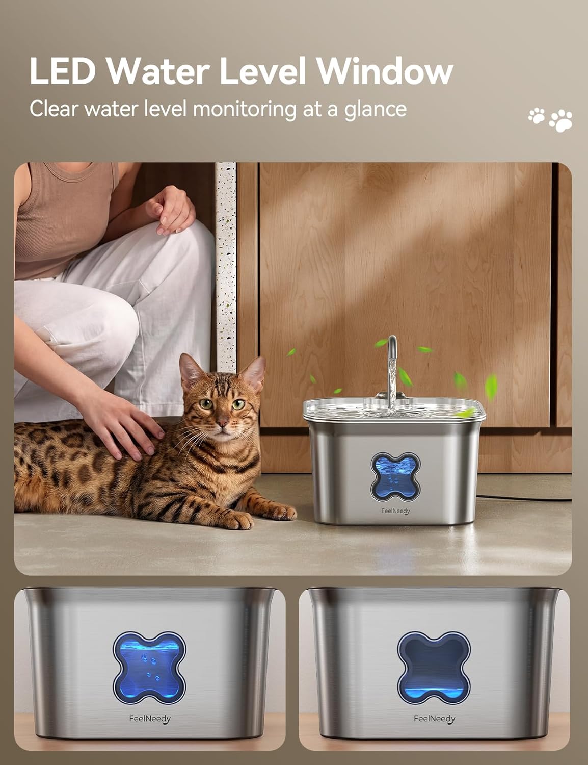 Thumbnail 6 de FEELNEEDY 2.8L Stainless Steel Cat Water Fountain with Visible Water Level & 3 Pack Filters