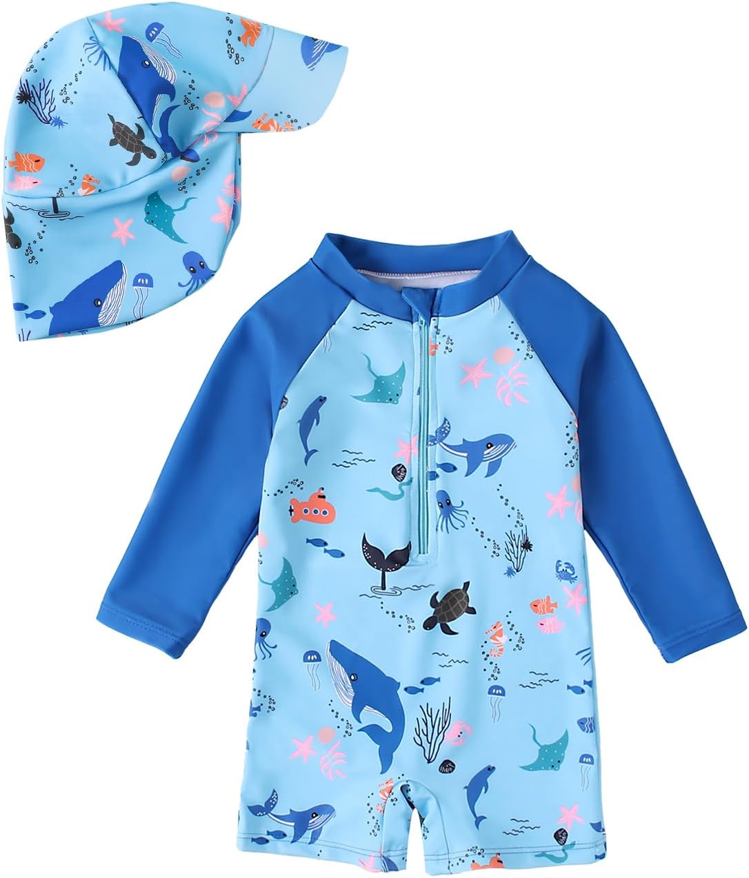 Thumbnail 3 de JiAmy Baby Boys Swimming Costume with Sun Hat Long Sleeve Zip Up Rash Guard