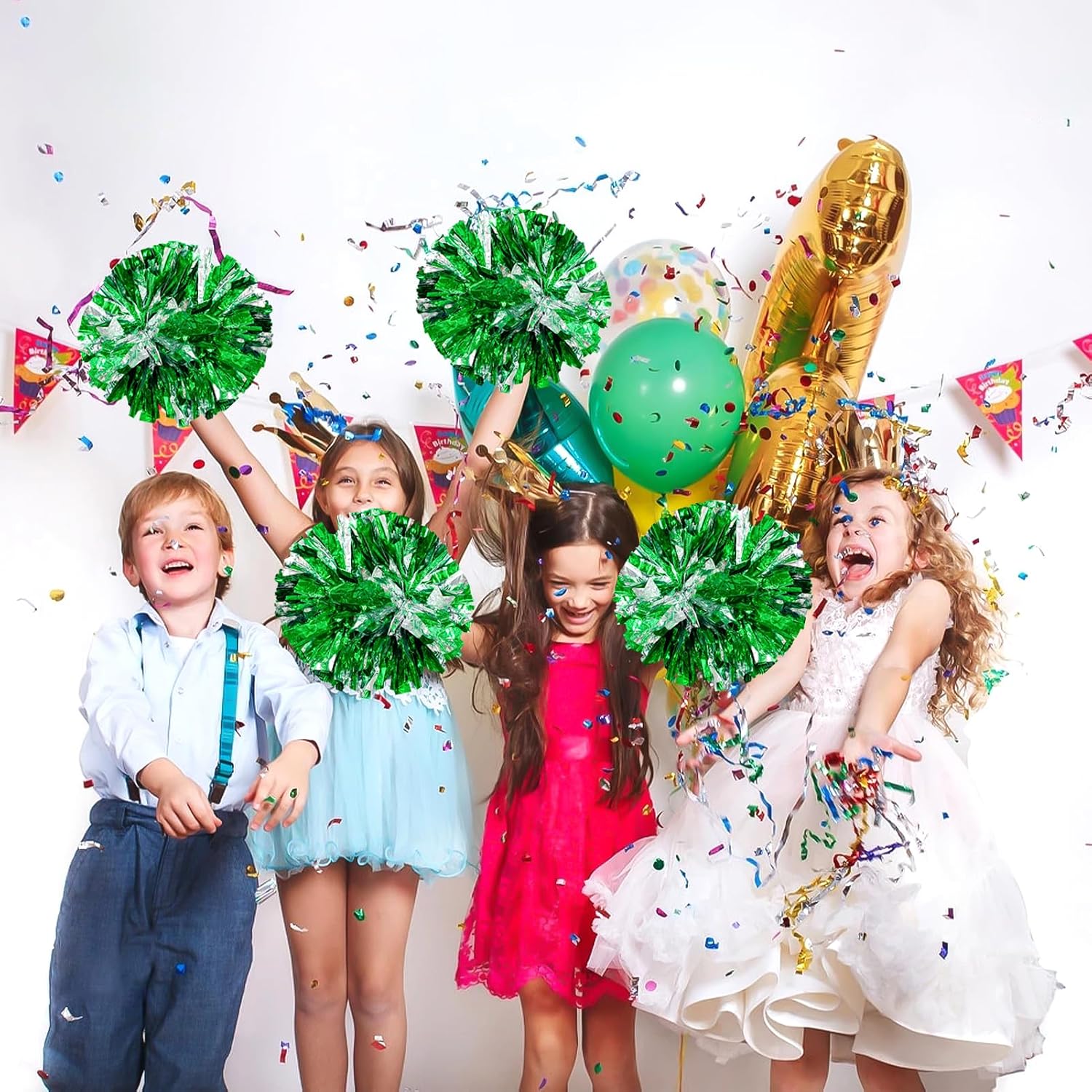 Thumbnail 3 de CREATIEE-PRO Cheer Pom Poms, Metallic Green-Silver 4-Piece Set