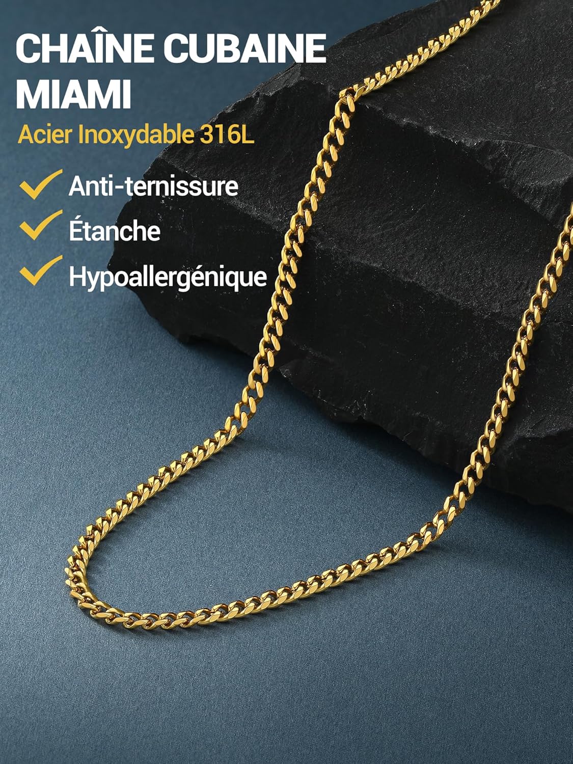 Thumbnail 1 de PROSTEEL Chaîne cubaine en acier inoxydable plaqué or et noir mat, colliers homme/femme 3/6/9/12 mm