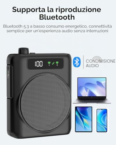 Detalle de Amplificatore vocale portatile QEEKADA con doppio microfono lavalier e Bluetooth