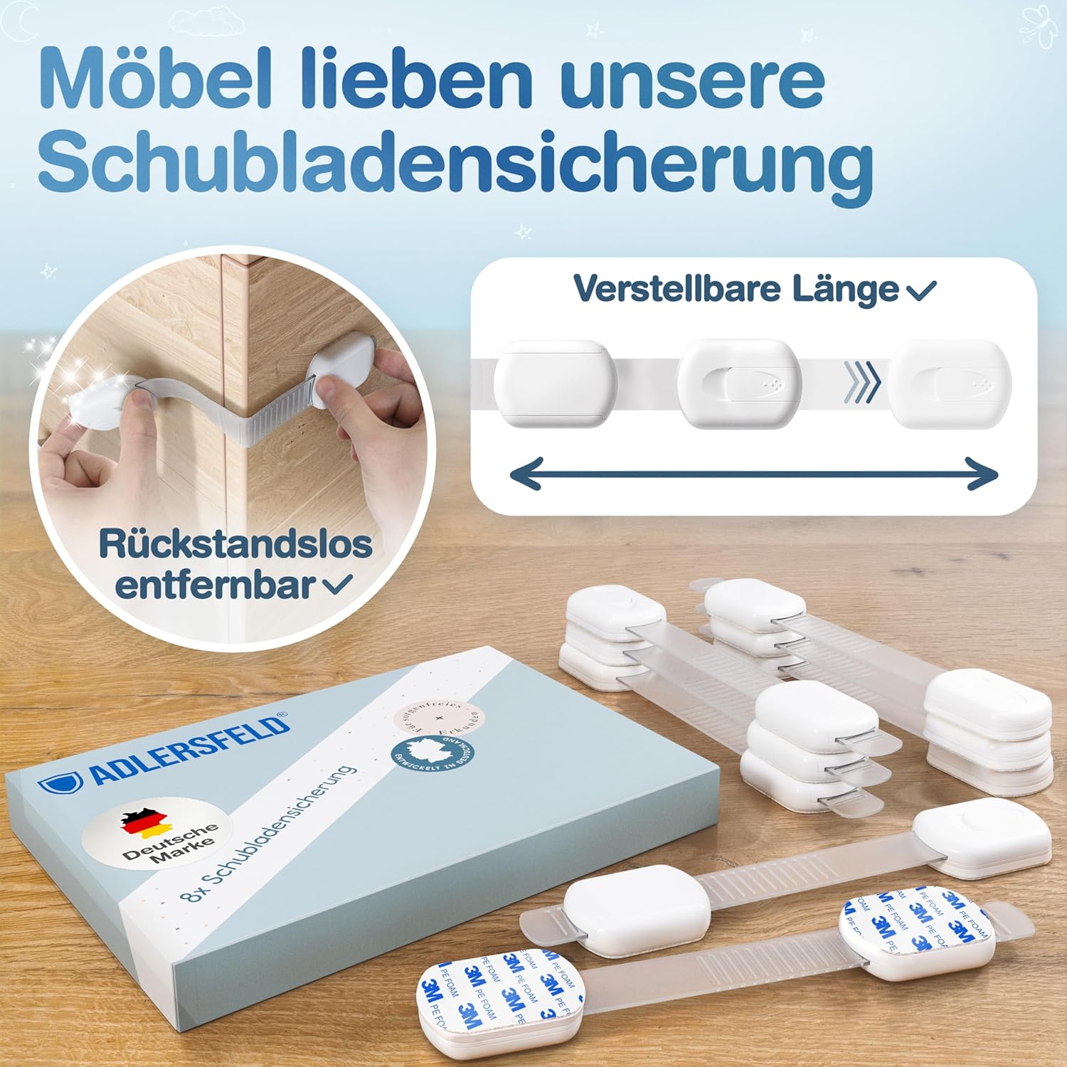 Thumbnail 5 de ADLERSFELD® 10er Kindersicherung für Schränke (schrank kindersicherung, mit 3M Kleber)