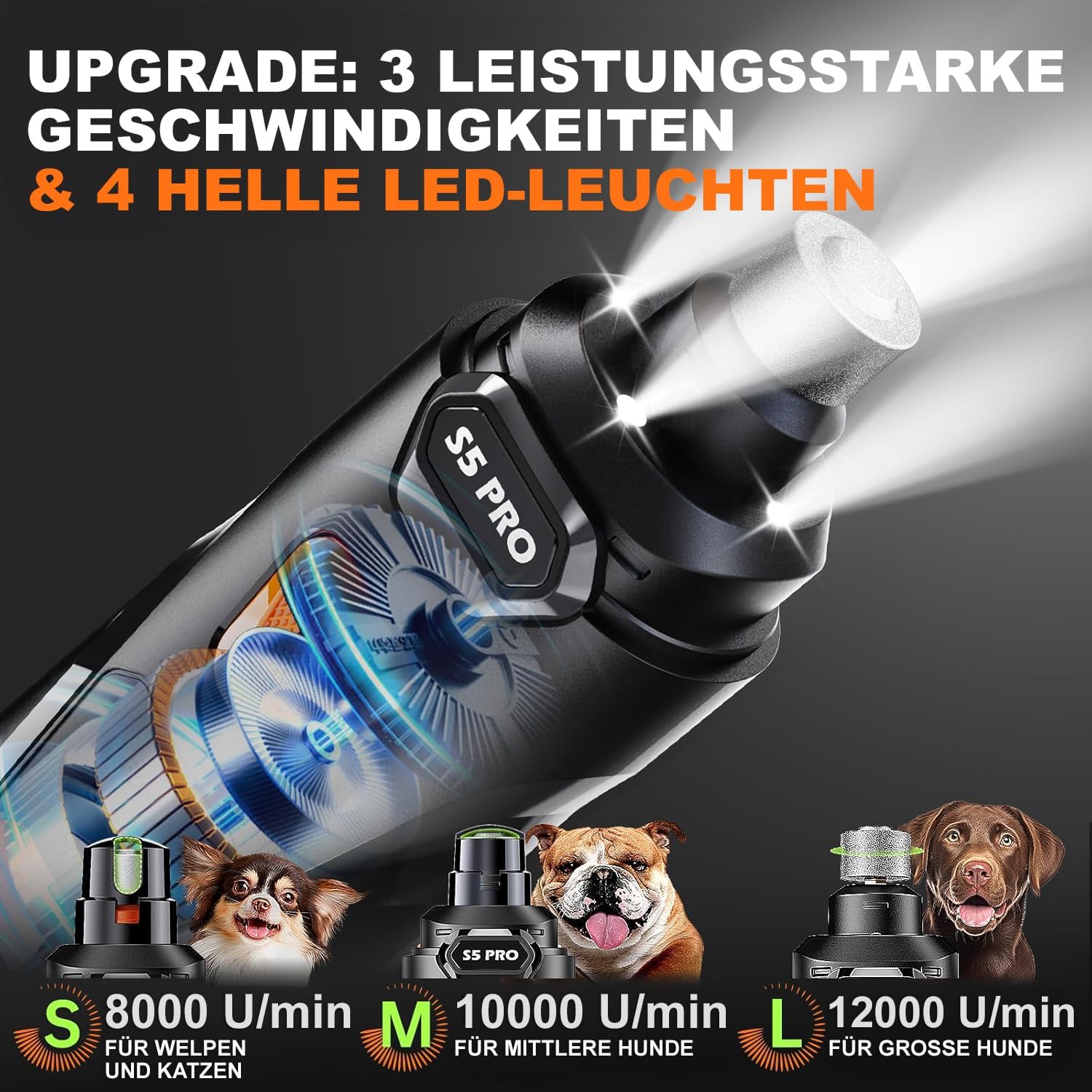 Detalle de Wismika Krallenschleifer für Hunde – leise, mit 4 LED-Leuchten und 3 Geschwindigkeiten
