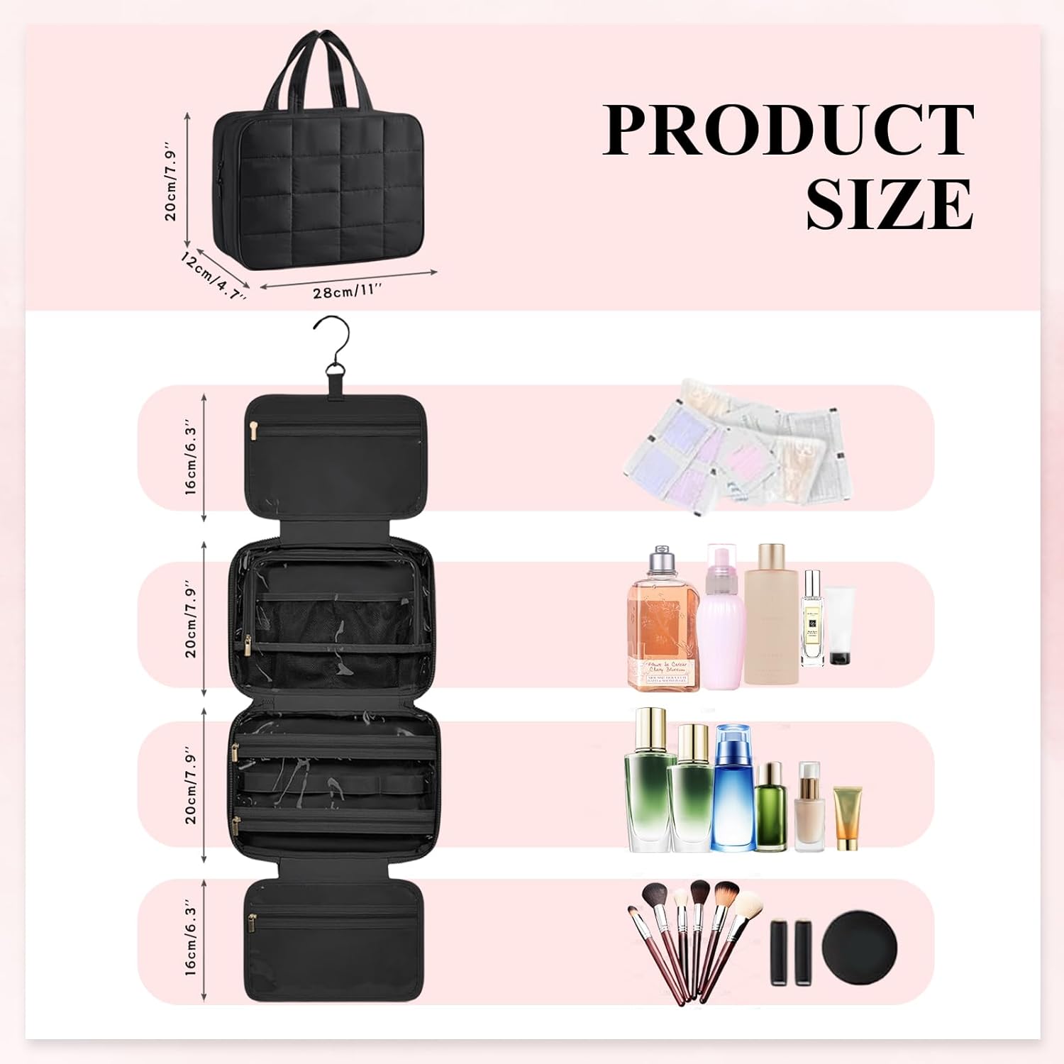Detalle de Aucuu Trousse de Maquillage Suspendue Grande - Grande Capacité avec Crochet et Compartiments, Beige