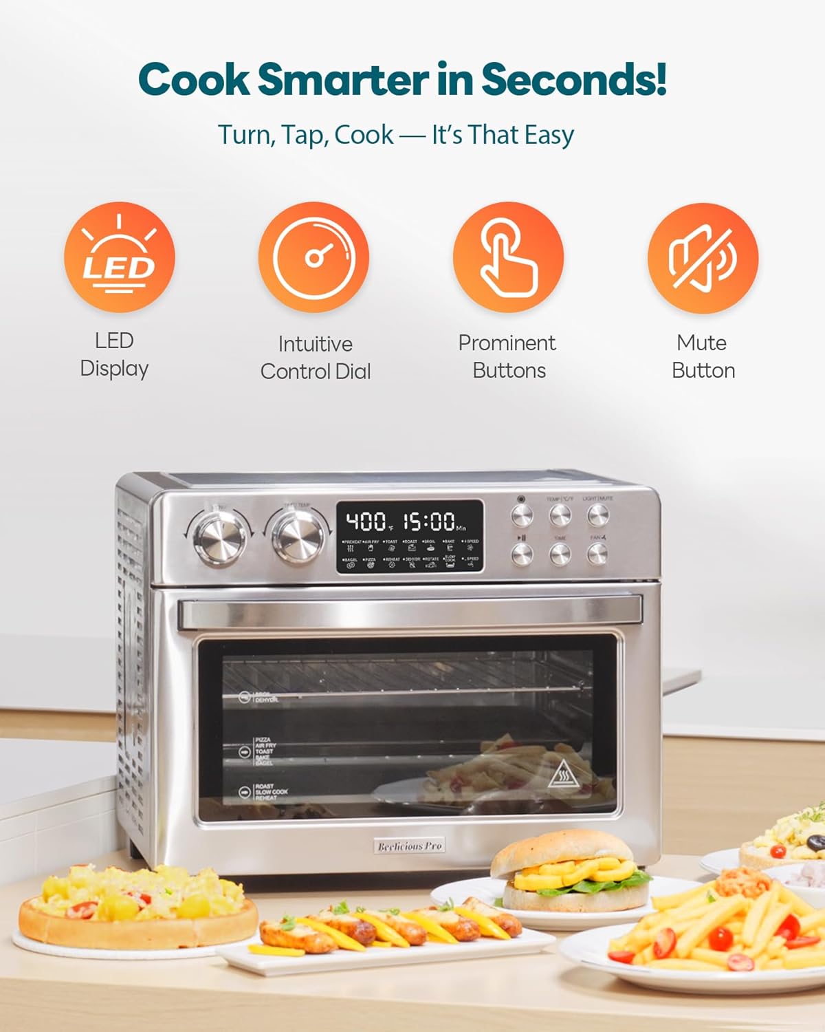 Thumbnail 6 de 28QT Air Fryer Toaster Oven Combo (Large 12-in-1) with Rotisserie, 6 Heating Tubes, Fits 11" Pizza — Stainless Steel