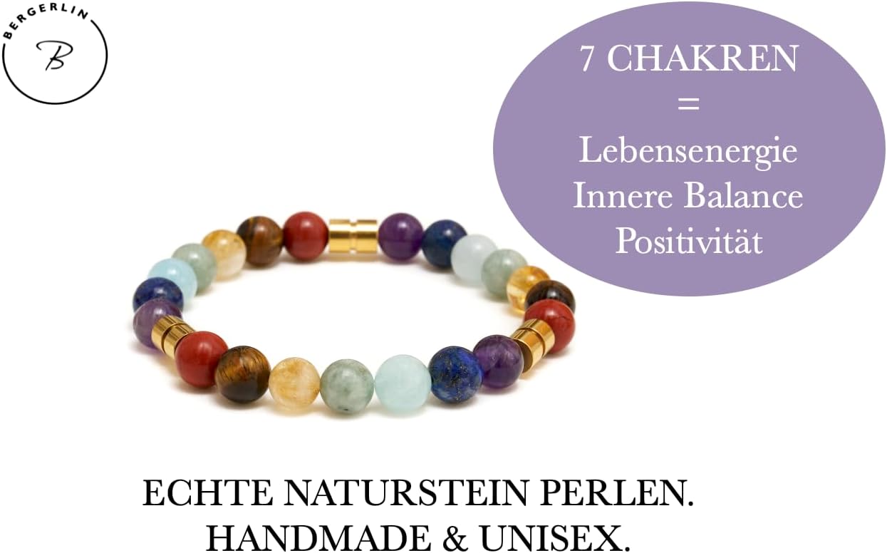 Detalle de BERGERLIN 7 Chakra Armband mit Naturstein-Perlen & Lavastein – geprüft in Deutschland, mit Echtheitszertifikat