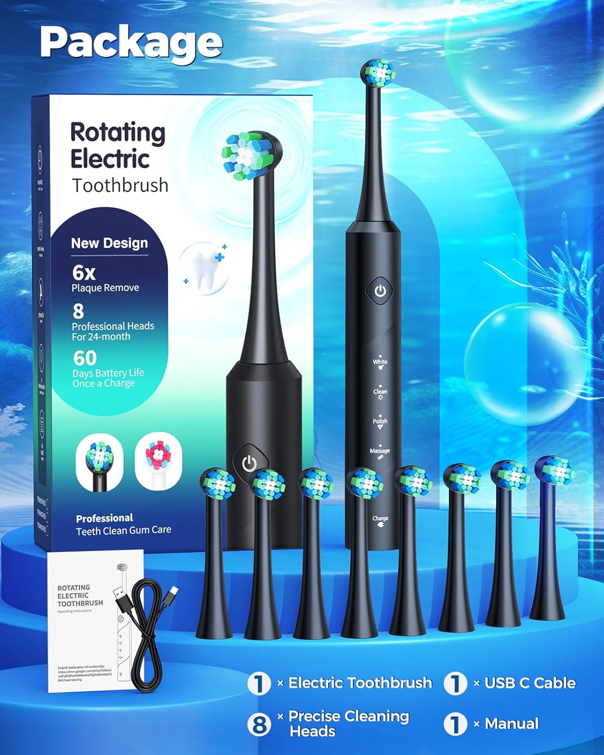 Thumbnail 5 de Rotating Electric Toothbrush for Adults (Black) – 8 Brush Heads, Fast Charging, 60-Day Battery, 4 Modes, IPX7