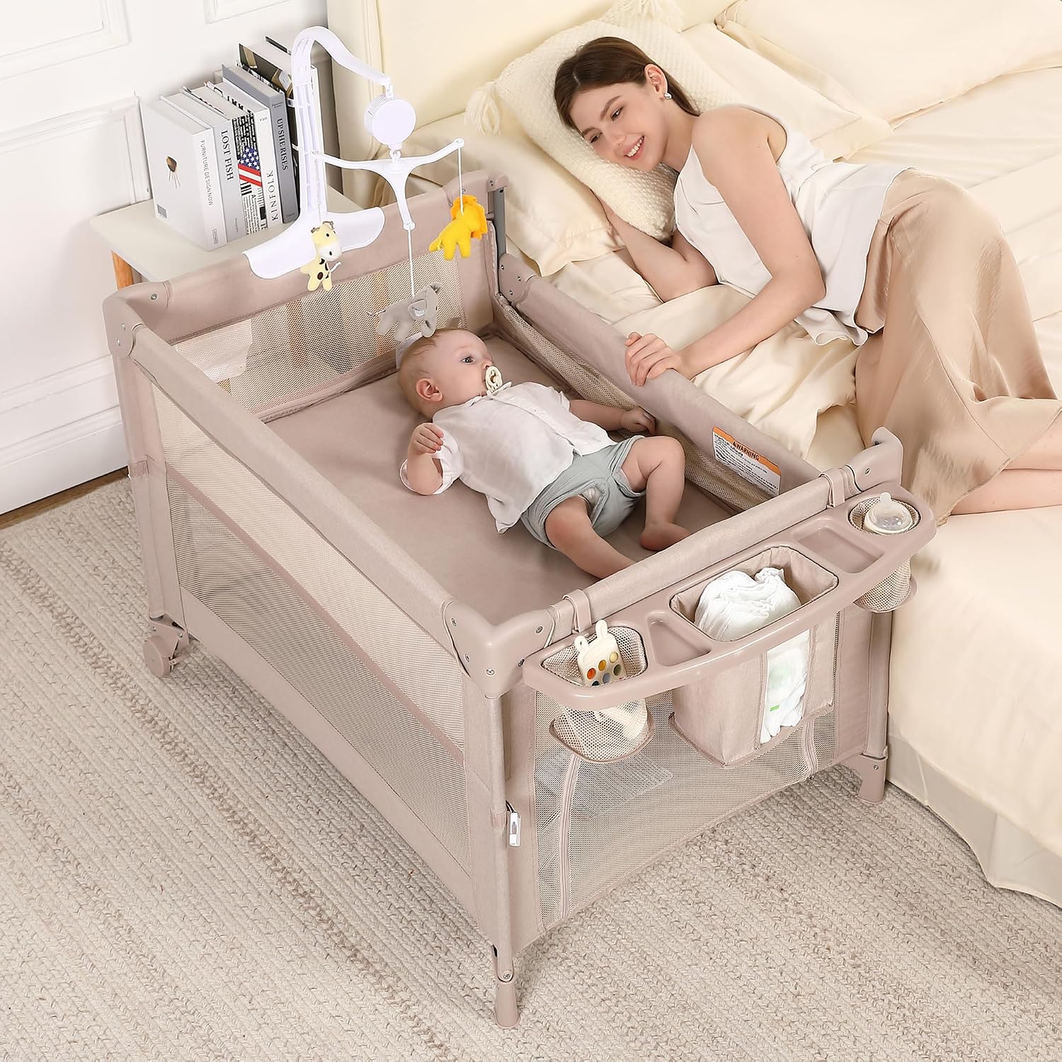 Detalle de Dapue 4-in-1 Baby Playard, Beige Portable Crib with Breathable Mesh