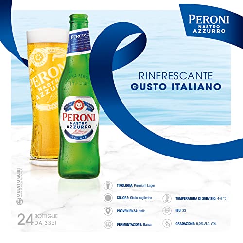 Detalle de Peroni Nastro Azzurro – Cassa da 24 bottiglie da 33 cl, Birra Premium Lager a bassa fermentazione