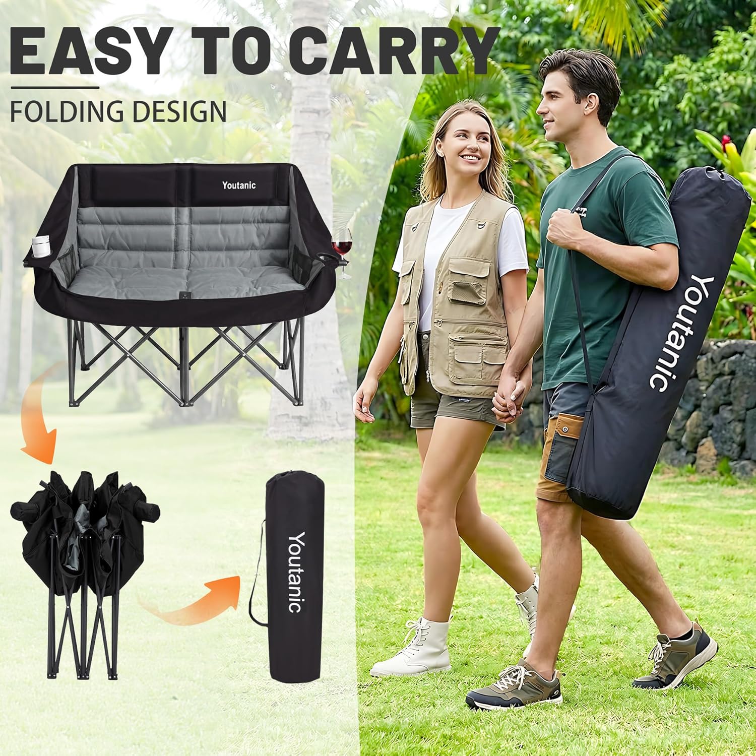Thumbnail 6 de Youtanic Oversized Double Camping Chair (Folding Loveseat) with Cup Holder, Pockets & Carry Bag, Black