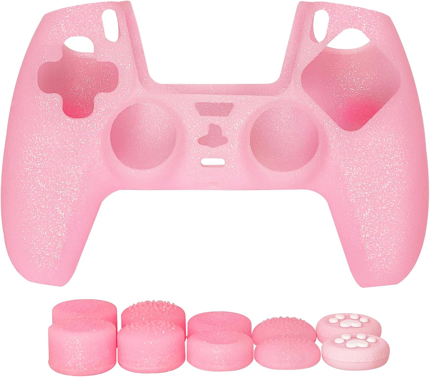 Detalle 2 de Pink glitter anti-slip silicone grips cover set for PS5 (Slim/Pro) – HLRAO, 8 thumb grips caps + protective skin cover